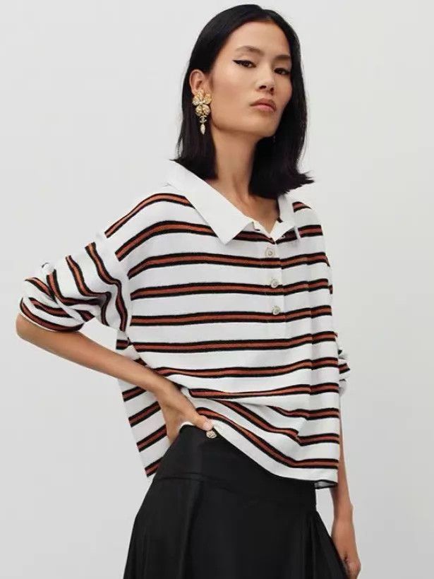 Chanel Chanel Brown striped wide short-sleeved polo shirt Size XS / US 0-2 / IT 36-38 - 8 Thumbnail