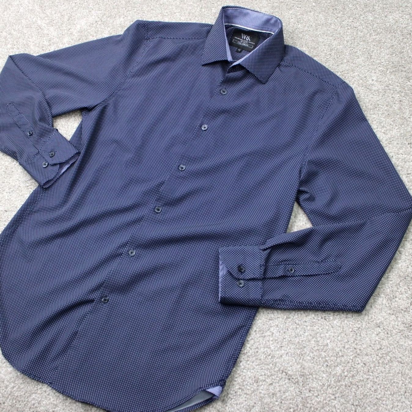 Vintage WRK Dress Shirt Men 15 Blue Geometric 4-Way Stretch Polyester Stretch L/S Button Shirt Mens Blue Geometric 4-Way Stretch Dress Shirt Size 40R - 4 Thumbnail