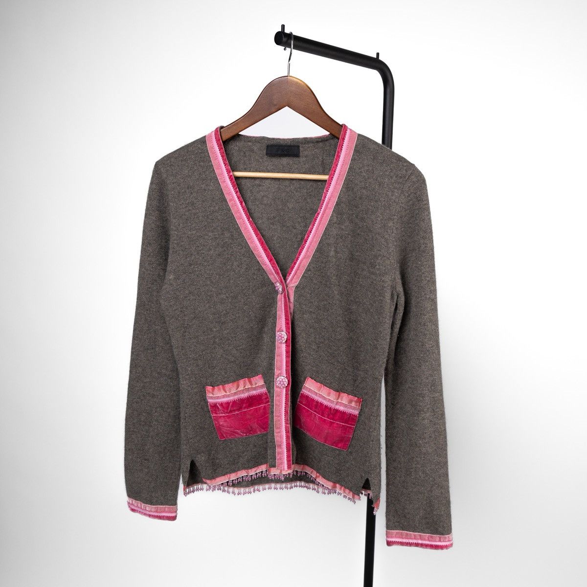 Other FFC Womens Cashmere Cardigan Grey Pink Trim Button Knit Size S / US 4 / IT 40 - 3 Thumbnail