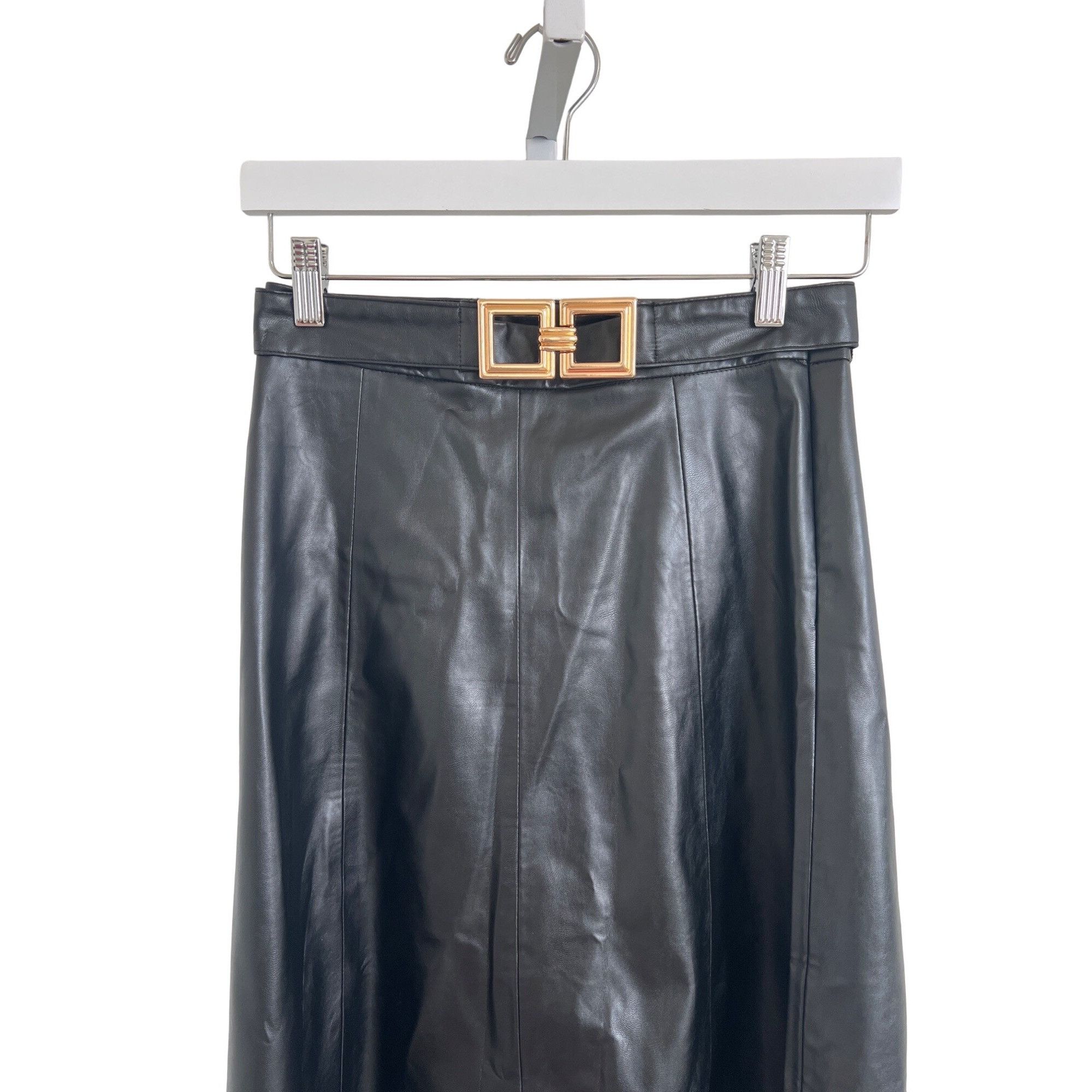 Zara Zara Black Faux Leather Belted Skirt Size 27" / US 4 / IT 40 - 2 Thumbnail