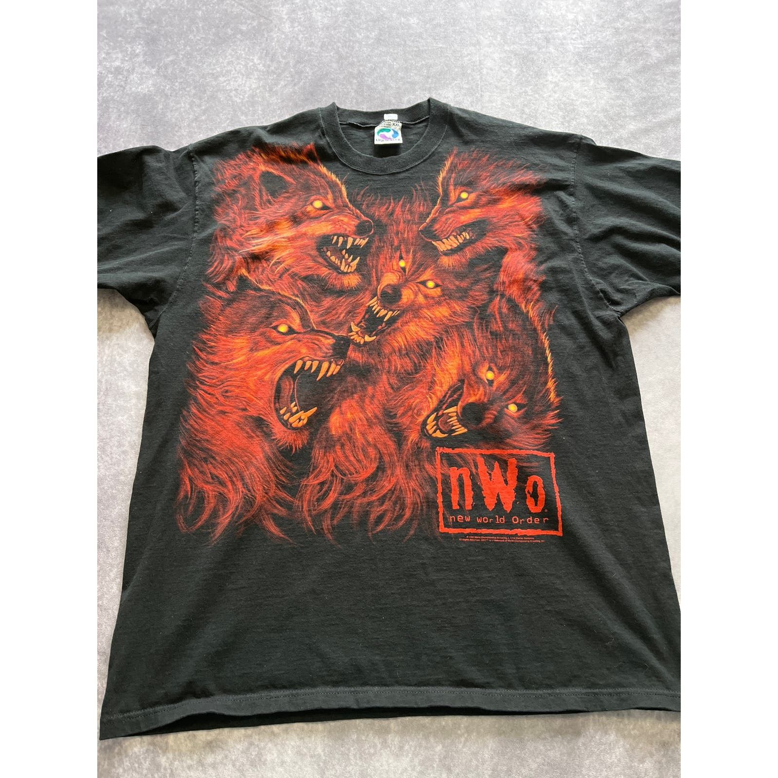 image of Liquid Blue Vintage Nwo New World Order Wolf Fire Print Wcw T-Shirt in Black, Men's (Size 2XL)