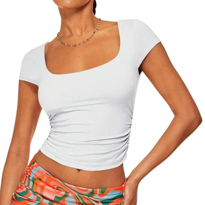 Shein Square Neck Ruched Side Crop Tee in White, Size XS Size XS / US 0-2 / IT 36-38 - 1 Thumbnail