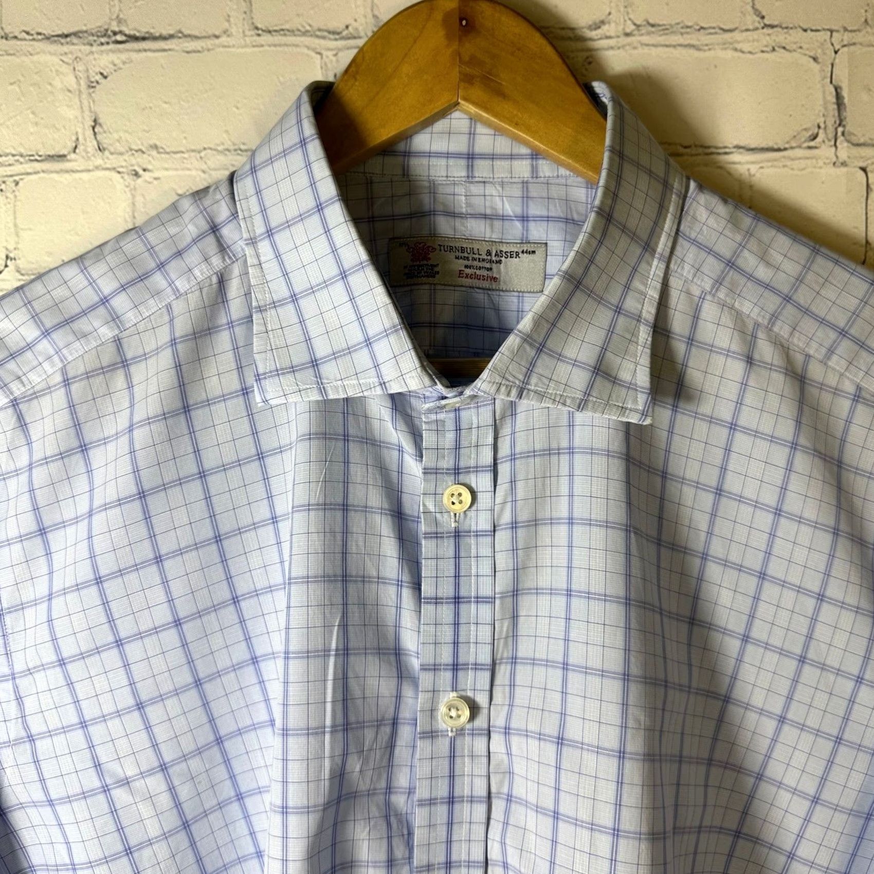 Turnbull & Asser Turnbull & Asser Dress Shirt Blue Grid Check 100% Cotton Mens 17.5 44cm England Worldwide Shipping Size 48R - 3 Thumbnail