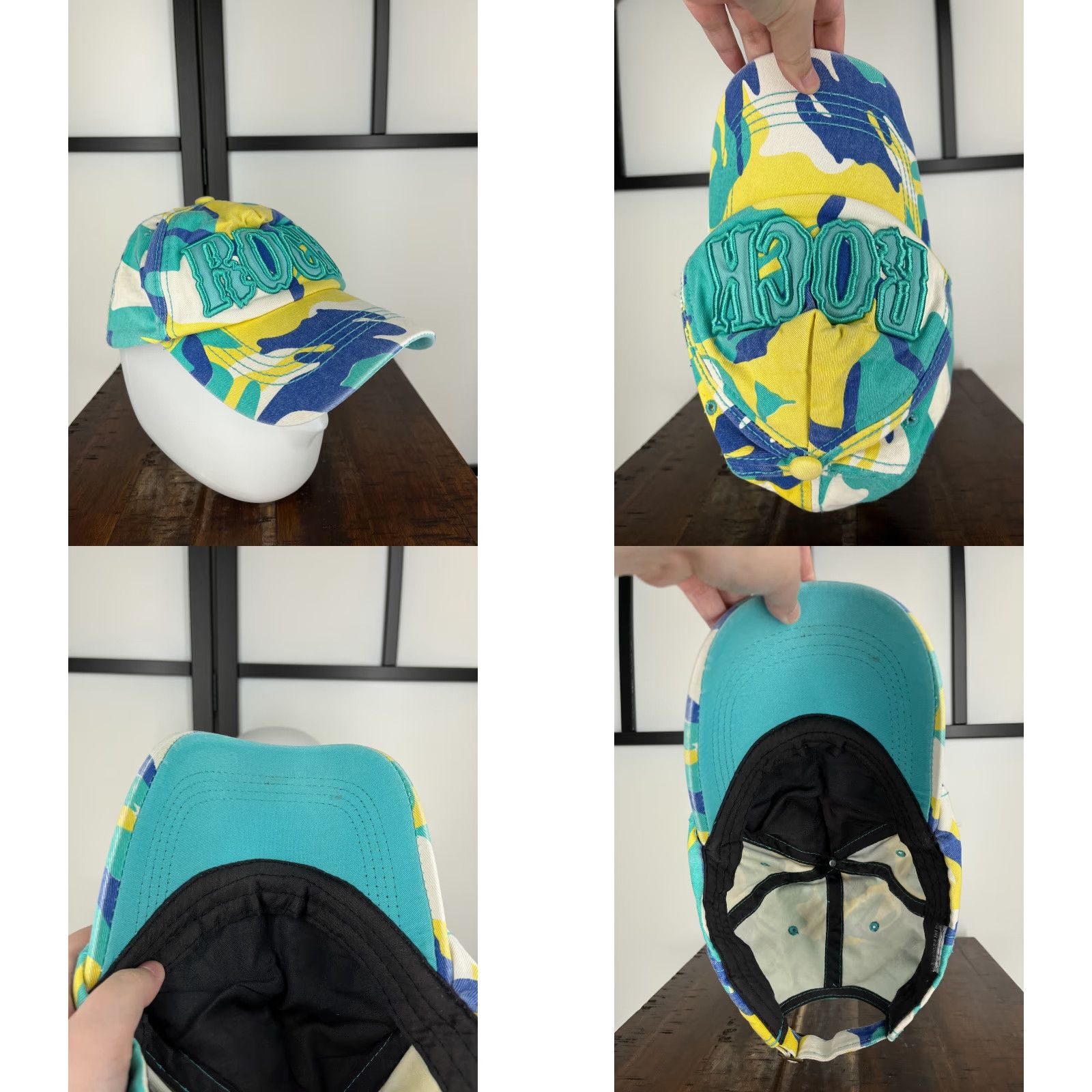 Vintage ROCK Hat Cap Strap Back Adult One Size Blue Yellow Embroidered Camo Cotton Size ONE SIZE - 8 Thumbnail