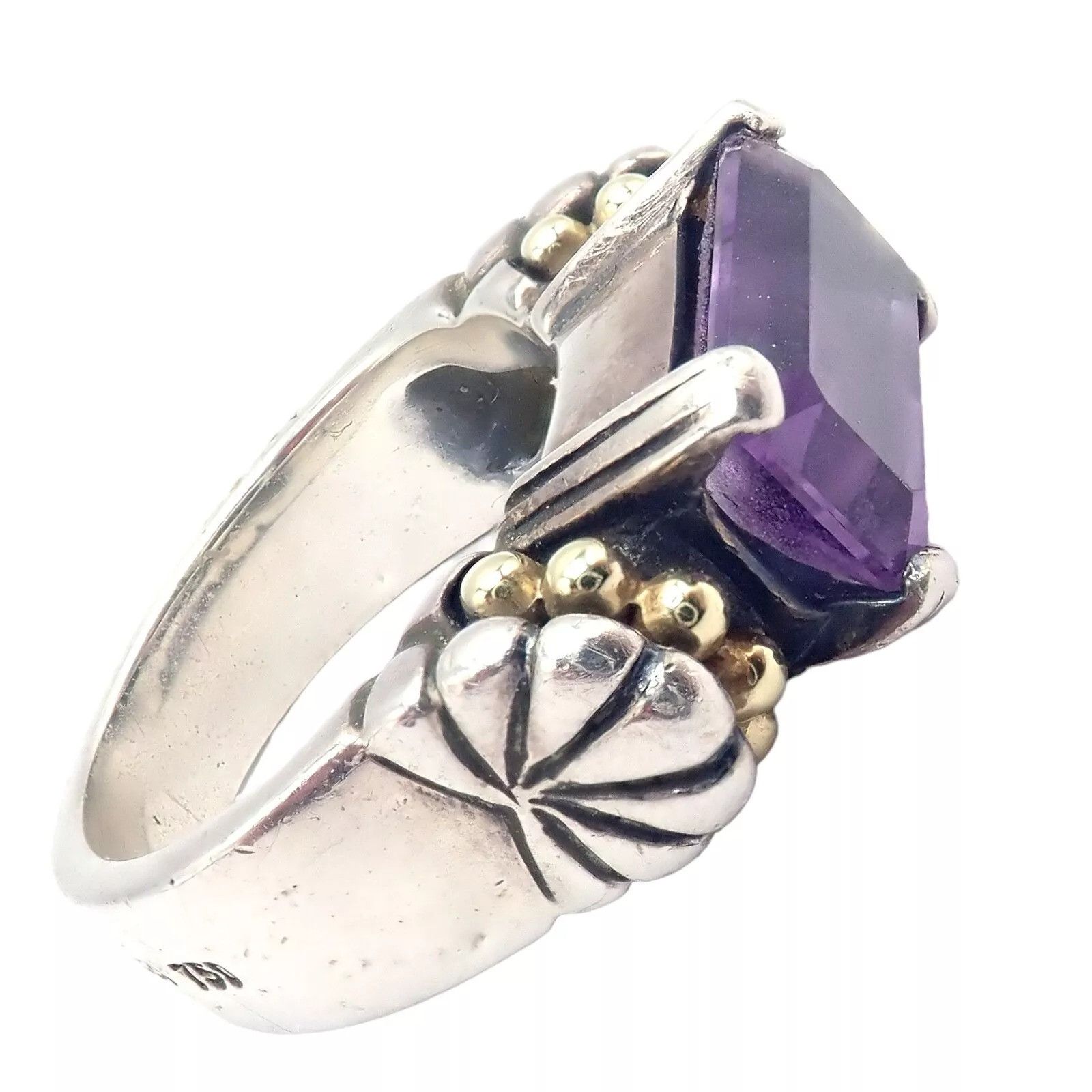Vintage Lagos Caviar Silver + 18k Yellow Gold Amethyst Ring Size ONE SIZE - 3 Thumbnail