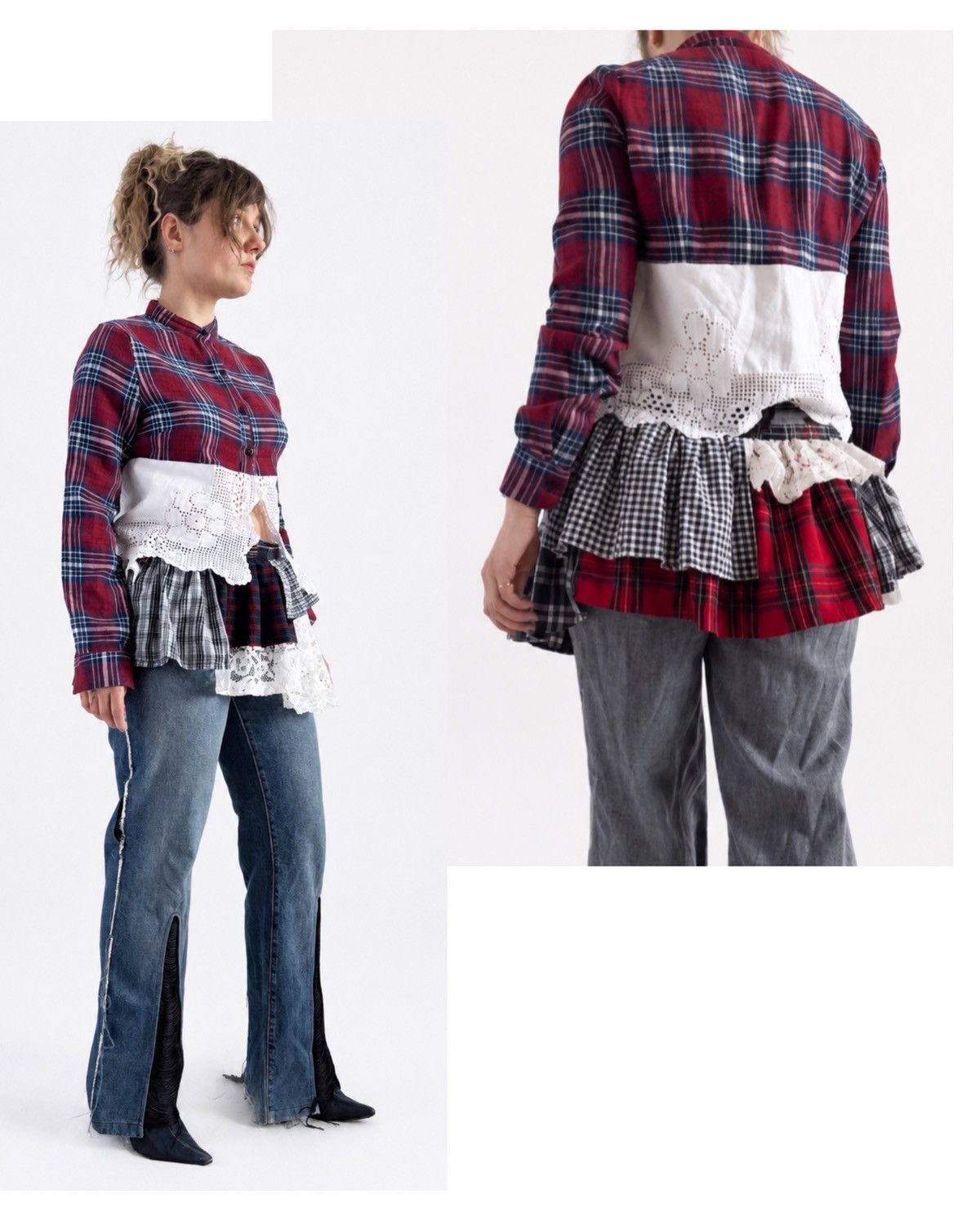 Custommade Upcycled Plaid/Lace Ruffle Wrap Skirt /Belt Accent Size 28" / US 6 / IT 42 - 2 Thumbnail