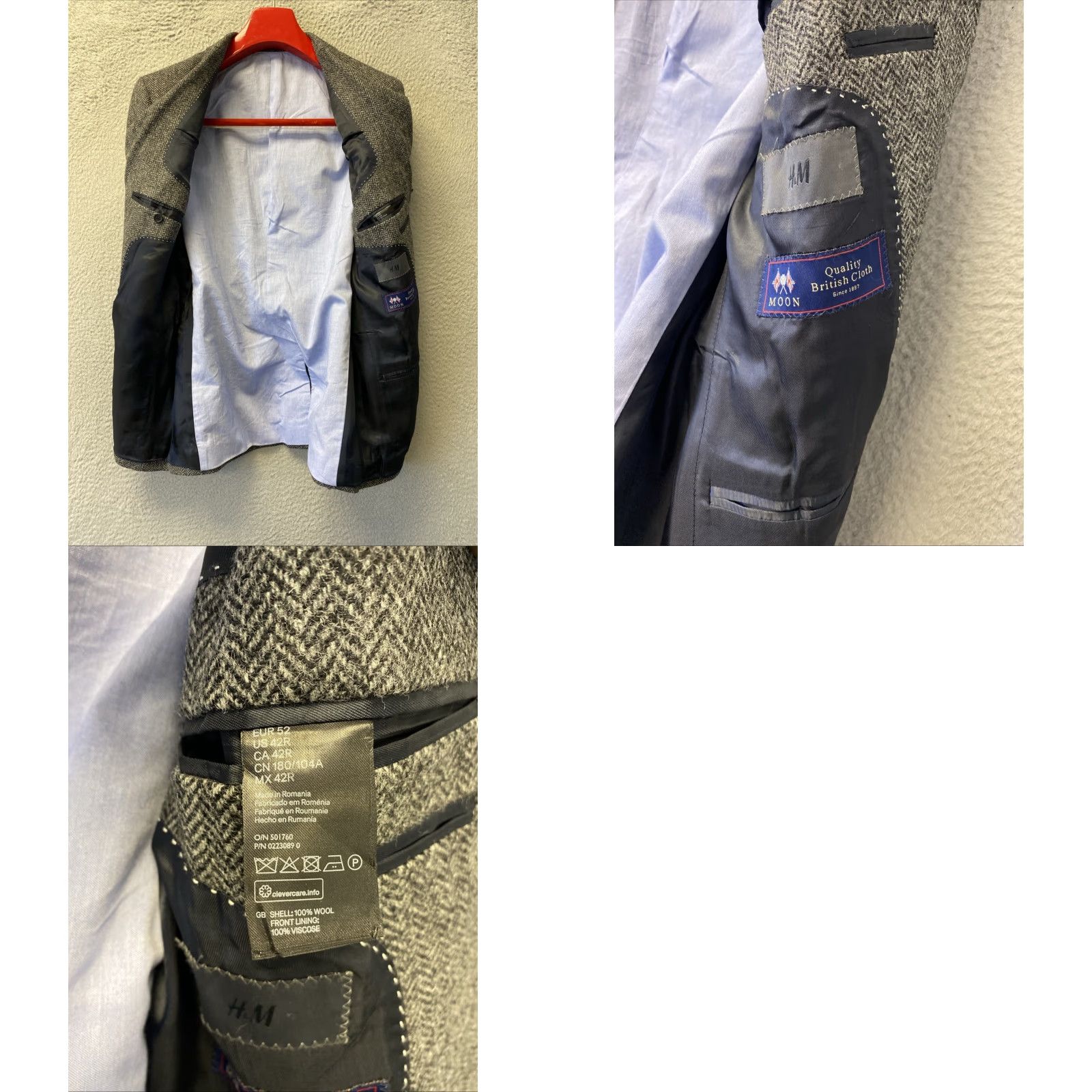 H&M H&M Blazer Jacket Men 42R Wool Tweed Herringbone Single-Breasted 2-Button Gray Regular Jacket/Coat Size 42R - 9 Thumbnail