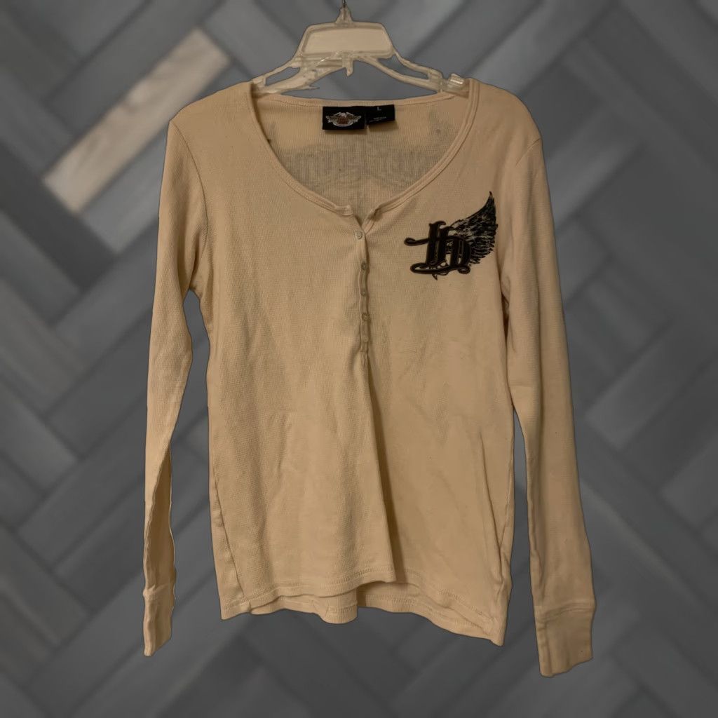 Harley Davidson VINTAGE Harley-Davidson Shirt Light Tan Long Sleeve 1/4 Button Up Women Large Womens Size L / US 10 / IT 46 - 1 Thumbnail
