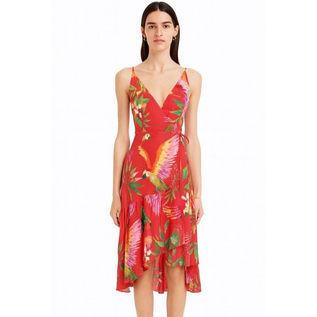 Farm Rio Red Macaw Wrap Dress L Tropical Midi Sleeveless V N