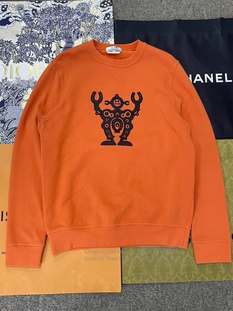 Hermes Hermes Orange Leather Patch Robot Round Neck Fleece Sweats Size US M / EU 48-50 / 2 - 1 Thumbnail