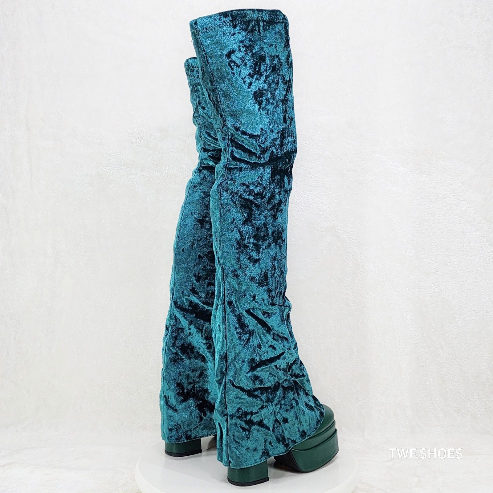 Other Unique Thigh High Green Velvet Fold over Skirted Chunky Heel Size US 7.5 / IT 37.5 - 5 Thumbnail