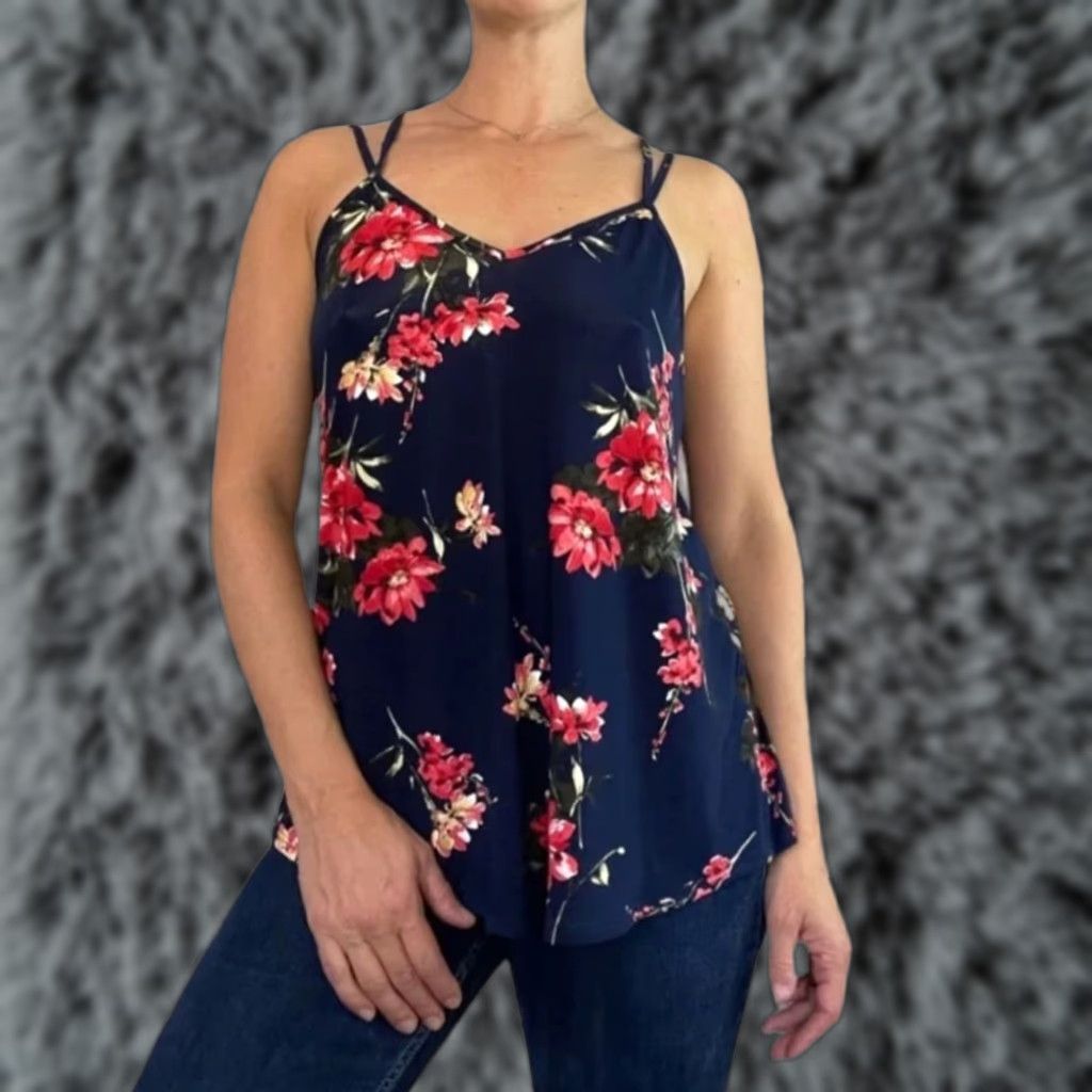 Vintage Papermoon Tank Top Women's 2XL Navy Floral Spaghetti Strap Sleeveless Rayon Camisole Bohemian Summer XS-? Size XXL / US 16-18 / IT 52-54 - 1 Thumbnail