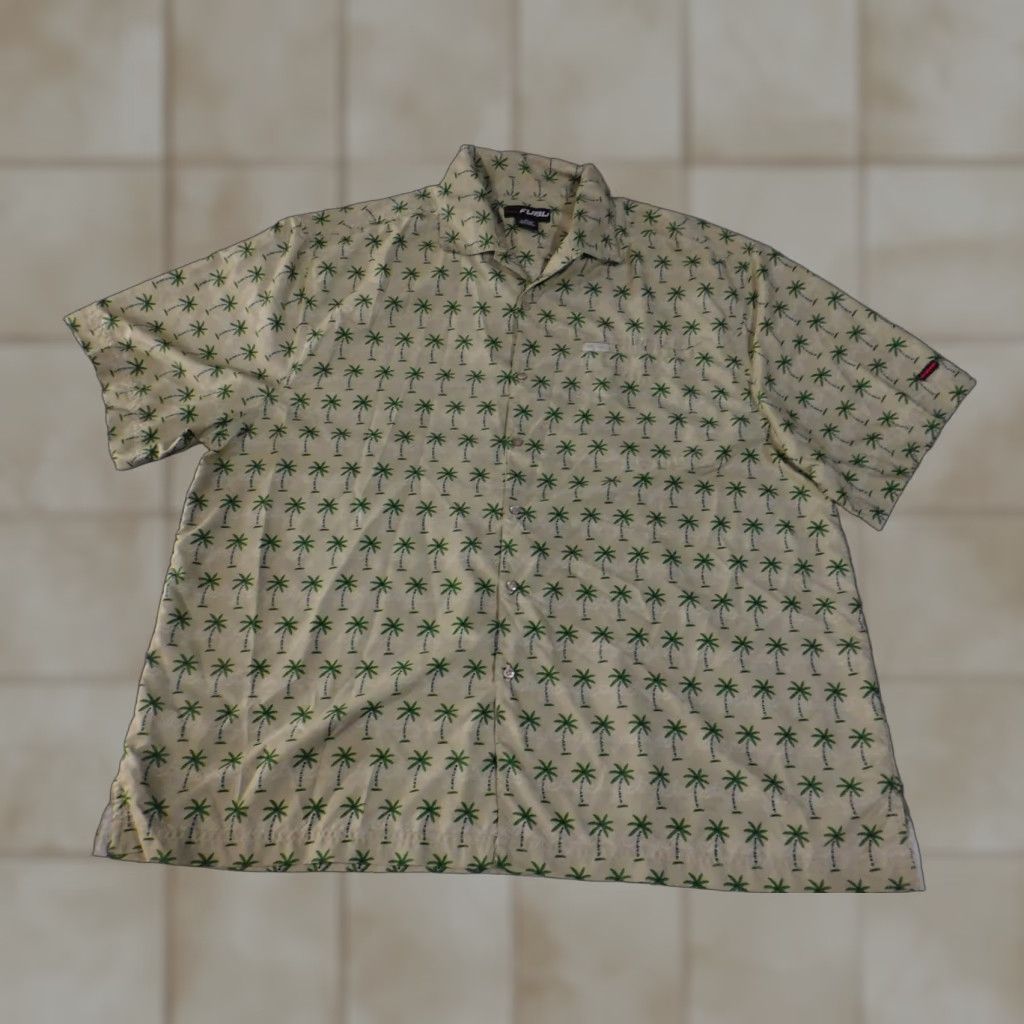 Fubu FUBU Shirt Mens 3XL Beige Green Palm Tree Hawaiian Aloha Button Up Short Sleeve Shirt Size US XXL / EU 58 / 5 - 1 Thumbnail