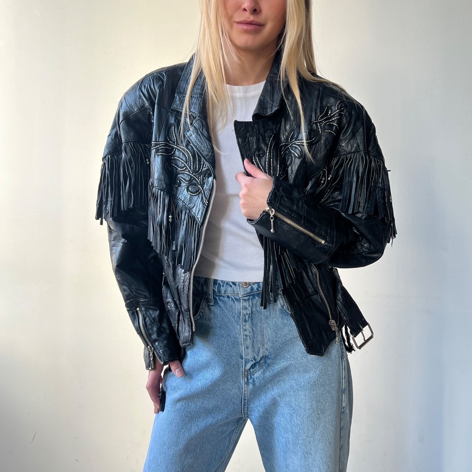 Leather Vintage Leather Fringe Western Biker Patchwork Jacket 9723AC Size S / US 4 / IT 40 - 2 Thumbnail