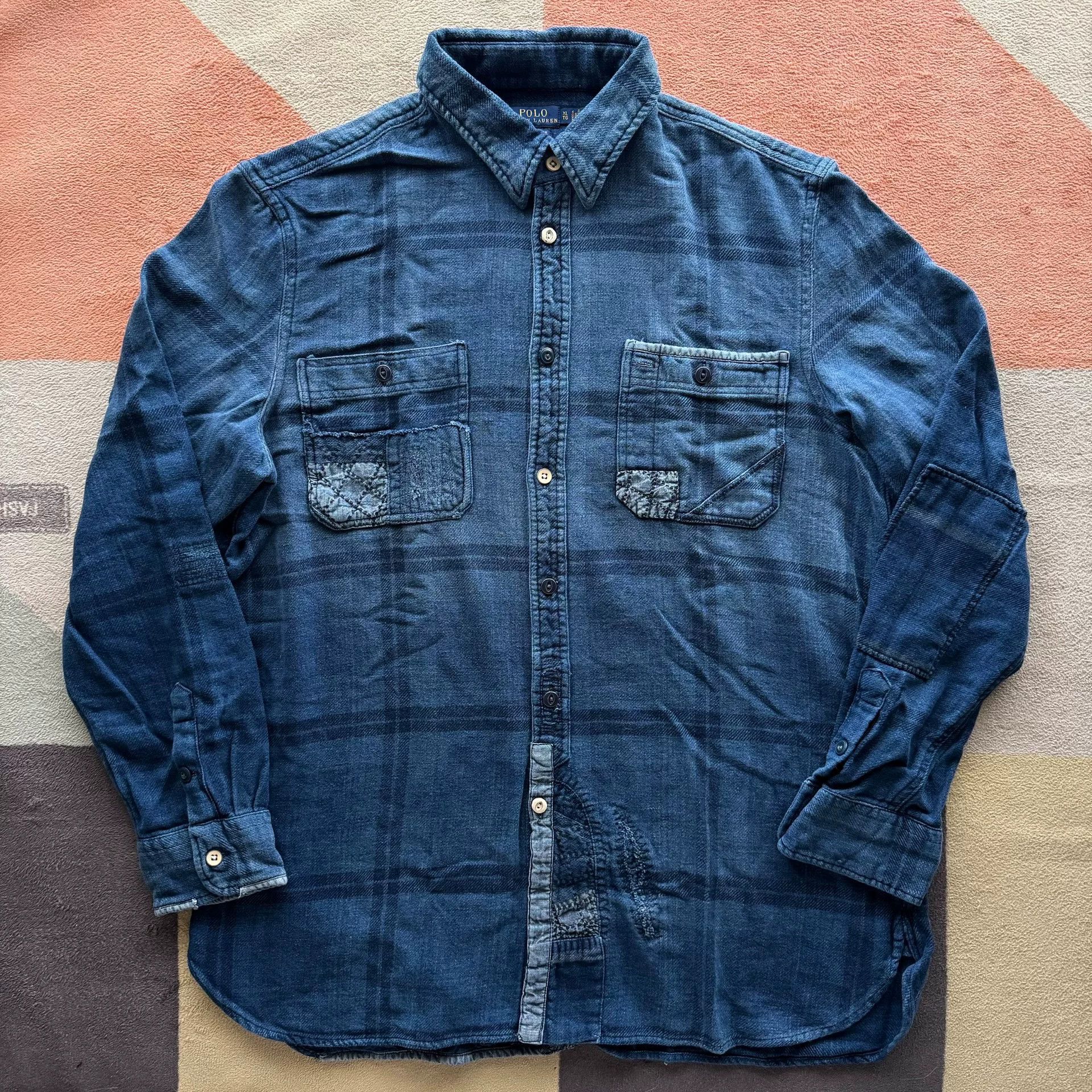 RRL Ralph Lauren Ralph Lauren Indigo Sashiko Patch Shirt Size US XL / EU 56 / 4 - 1 Thumbnail