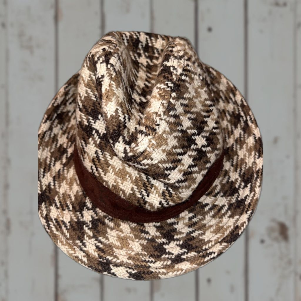 Vintage VINTAGE FEDORA Brown Plaid Houndstooth Detective HAT Checkered Woven Gangster Mobster OS Size ONE SIZE - 1 Thumbnail