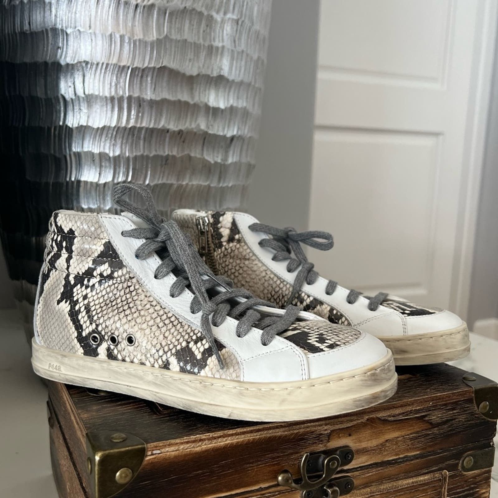 image of P448 Skate Snakeskin Print High Top Sneakers in White, Women's (Size 5)
