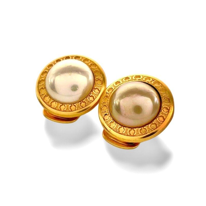 image of Celine Vintage Golden Round Frame Faux Pearl Earrings, Women's