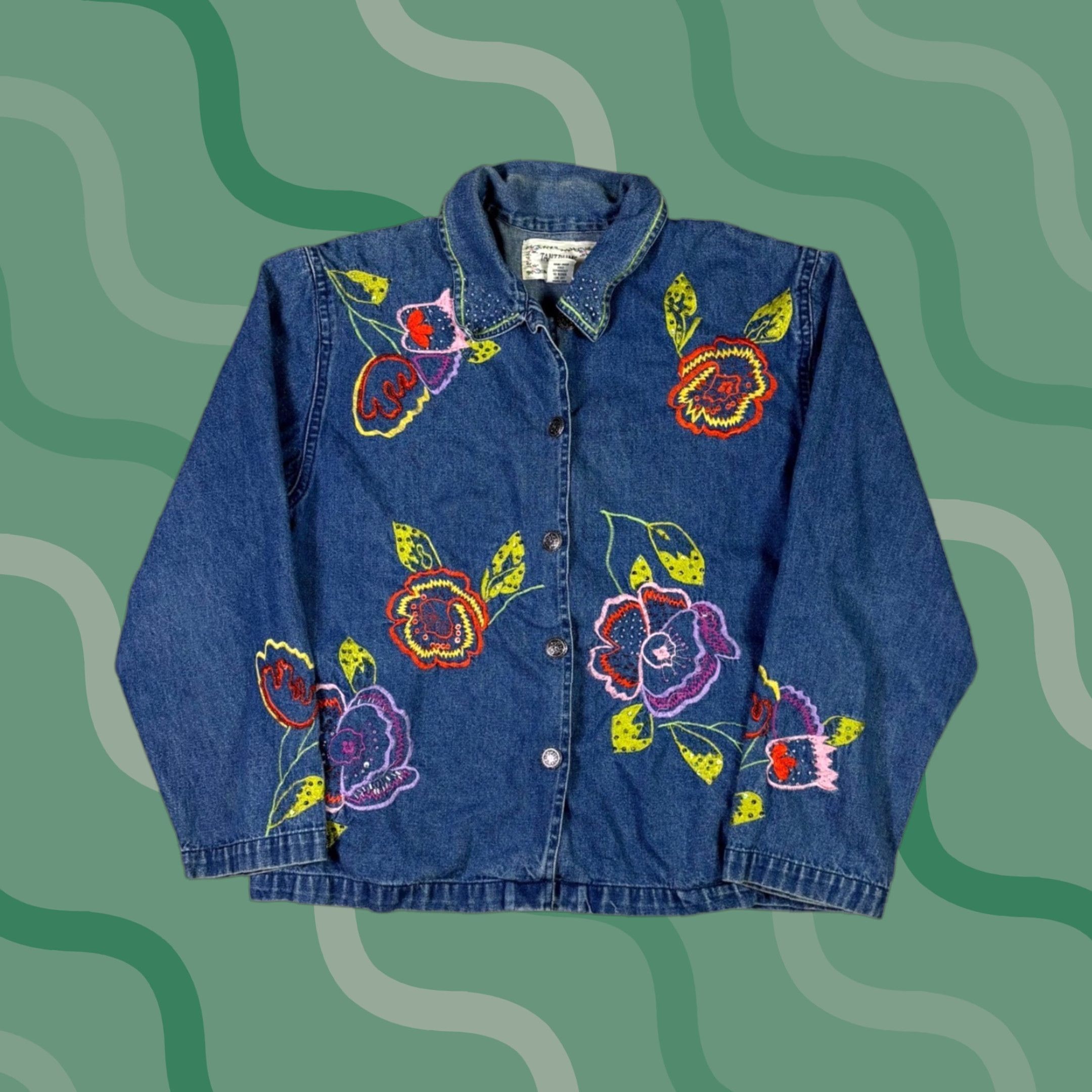 Denime VINTAGE Tantrums Denim Jacket Womens M Blue Floral Embroidered Button Front Cotton Size M / US 6-8 / IT 42-44 - 1 Thumbnail
