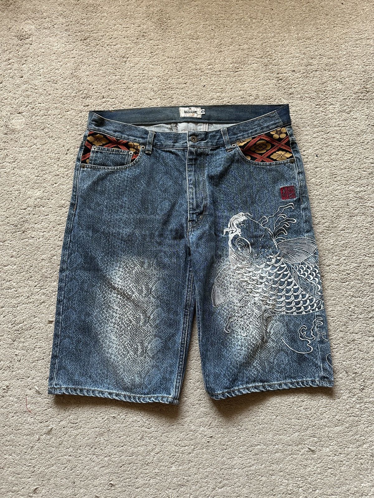 Karakuri Tamashii 1990s Karakuri Tamashi Koi Fish Snake skin Denim Short/Jorts Size US 35 - 1 Thumbnail