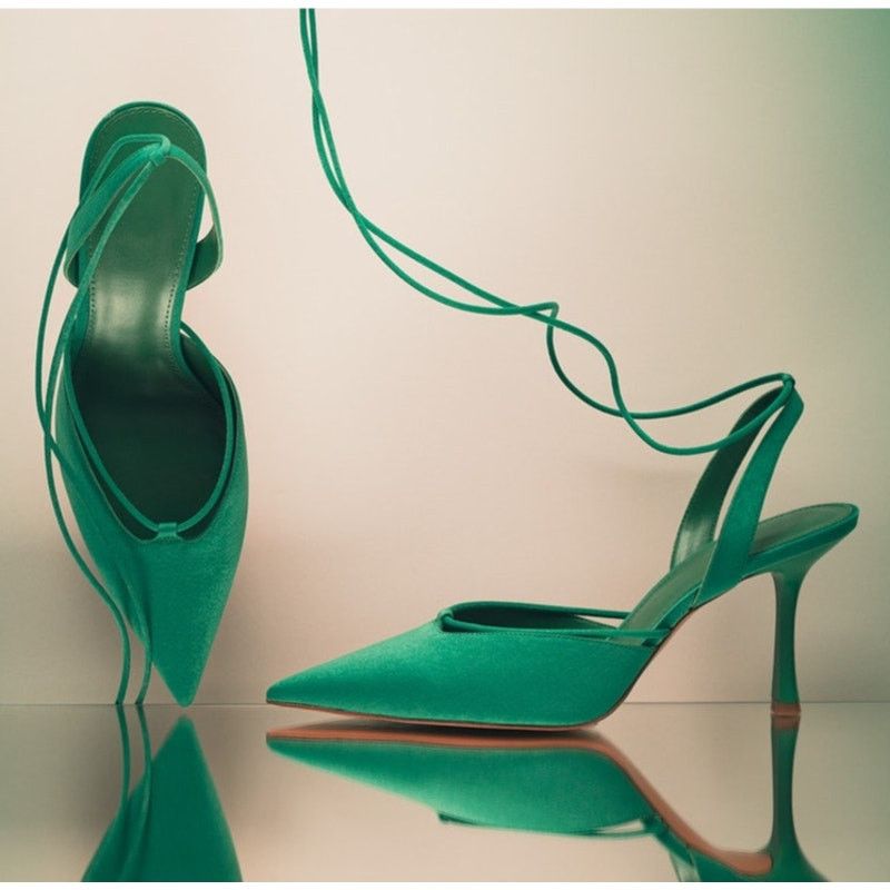 Mango Mango Green Lace Up Slingback Pointed Toe Heels NWT Size US 7.5 / IT 37.5 - 14 Thumbnail