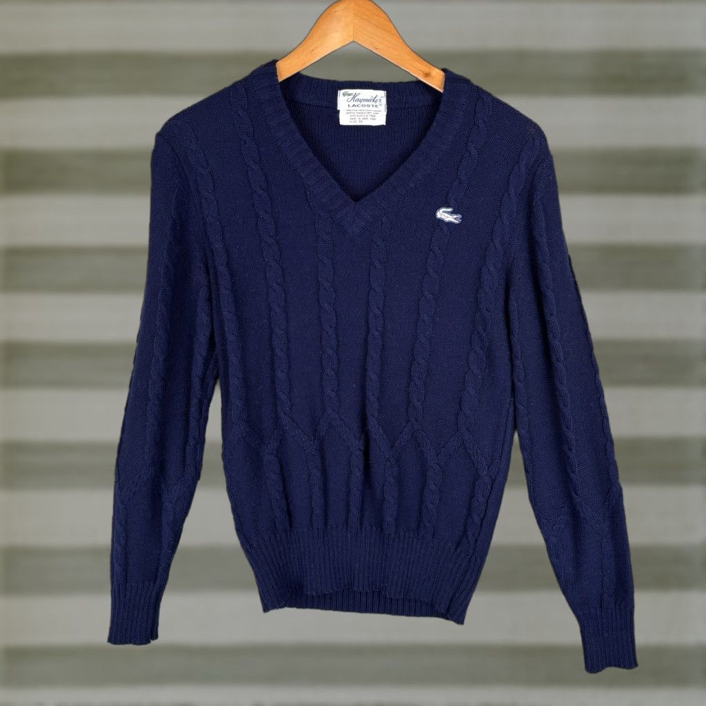 Lacoste VINTAGE Lacoste Women’s V Neck Sweater Navy Blue Sz 38 Cable Knit Pullover 1980s Acrylic Size XS / US 0-2 / IT 36-38 - 1 Thumbnail