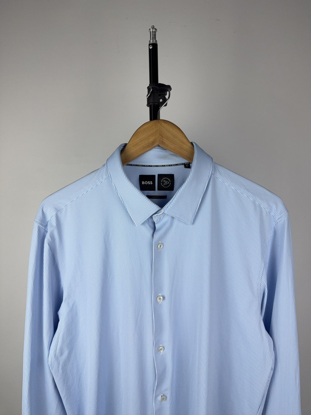 Hugo Boss Luxury Designer BOSS Slim Fit Blue Stripe Performance Shirt Size US XL / EU 56 / 4 - 2 Thumbnail
