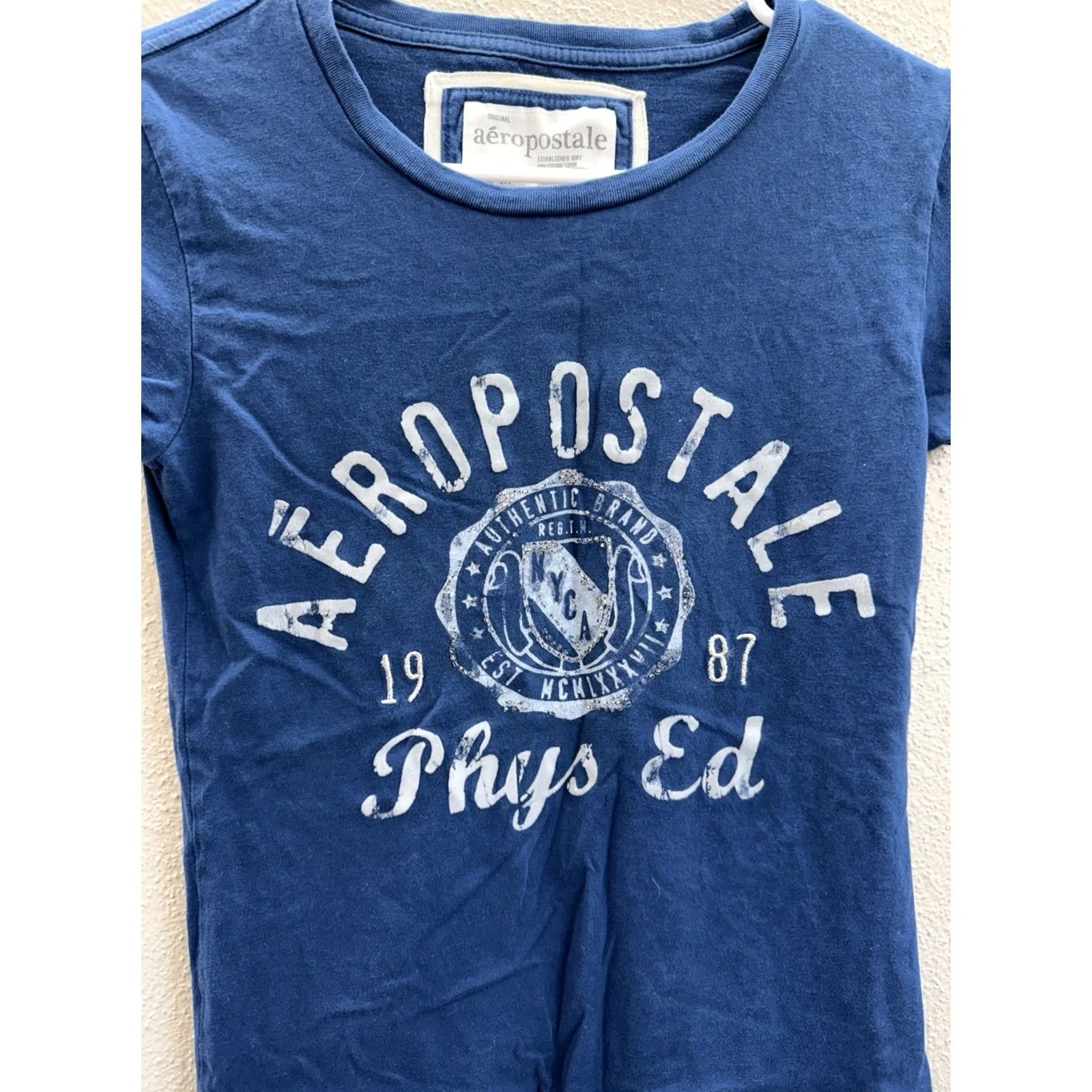 Vintage AeroPostale Shirt Blue Logo Short Sleeve 2000s Y2K Womens Medium Regular Cotton Knit T-Shirt Solid 90s City College Womens Size M / US 6-8 / IT 42-44 - 2 Thumbnail