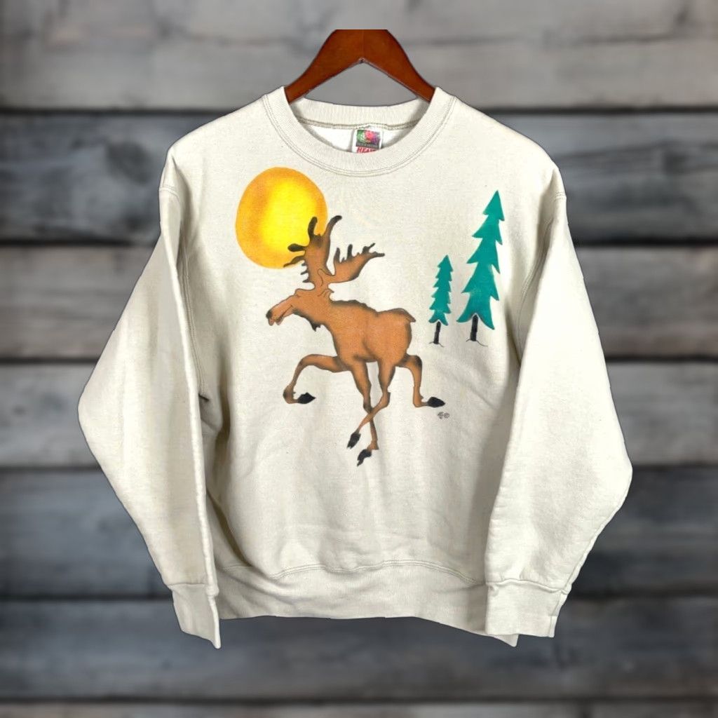 Fruit Of The Loom VINTAGE Fruit of the Loom Sweatshirt Moose Nature Graphic Print Heavyweight Beige Adult Large Mens Size US L / EU 52-54 / 3 - 1 Thumbnail