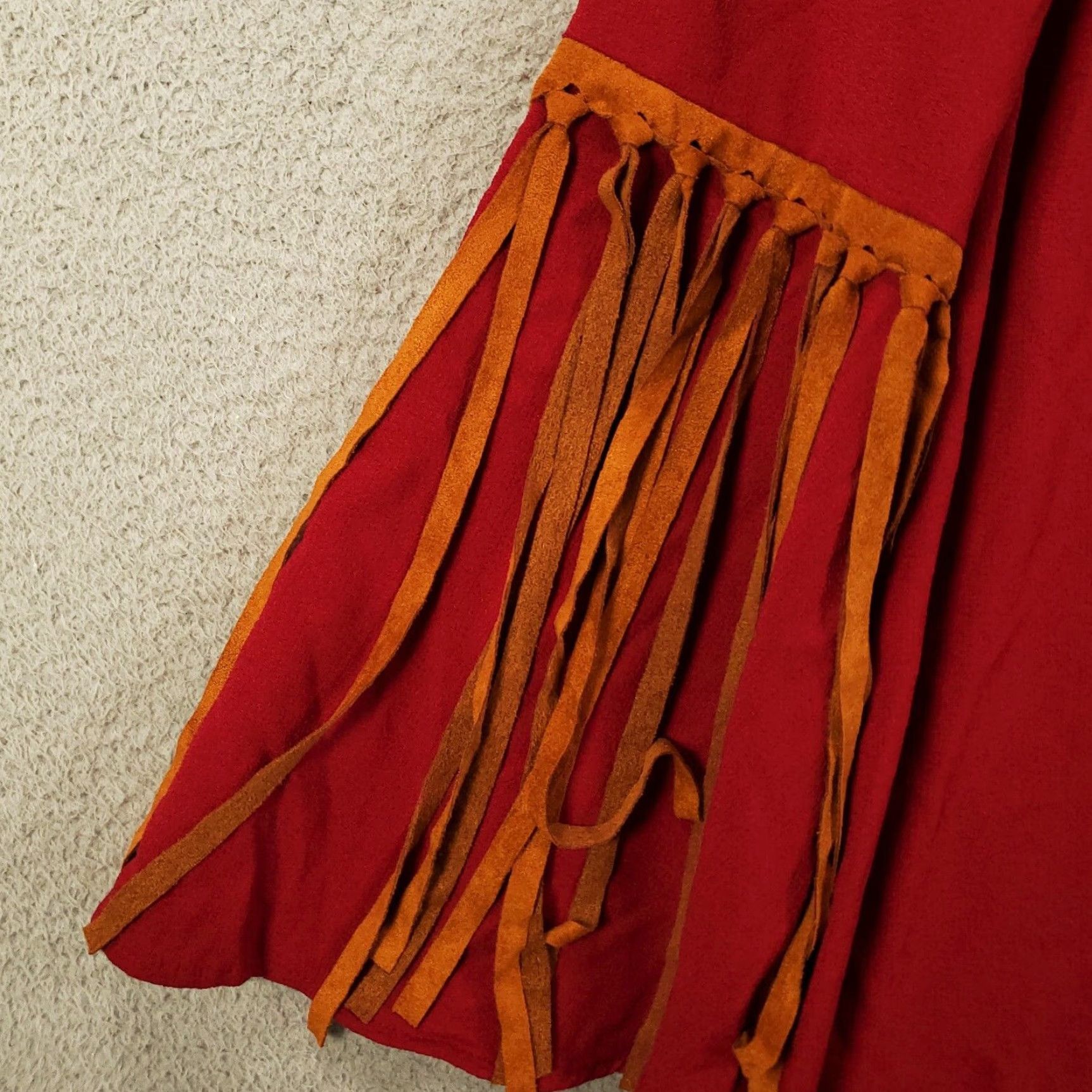 Vintage Womens Boho Tunic Large Burgundy Boho Tasseled Fringe Flutter Sleeve Western Size ONE SIZE - 5 Thumbnail