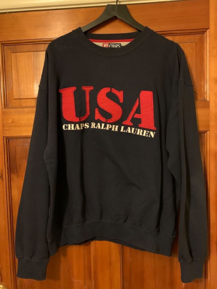 image of Vintage Chaps Ralph Laurent Usa Red White & Blue Sweatshirt in Dark Blue, Men's (Size Large)
