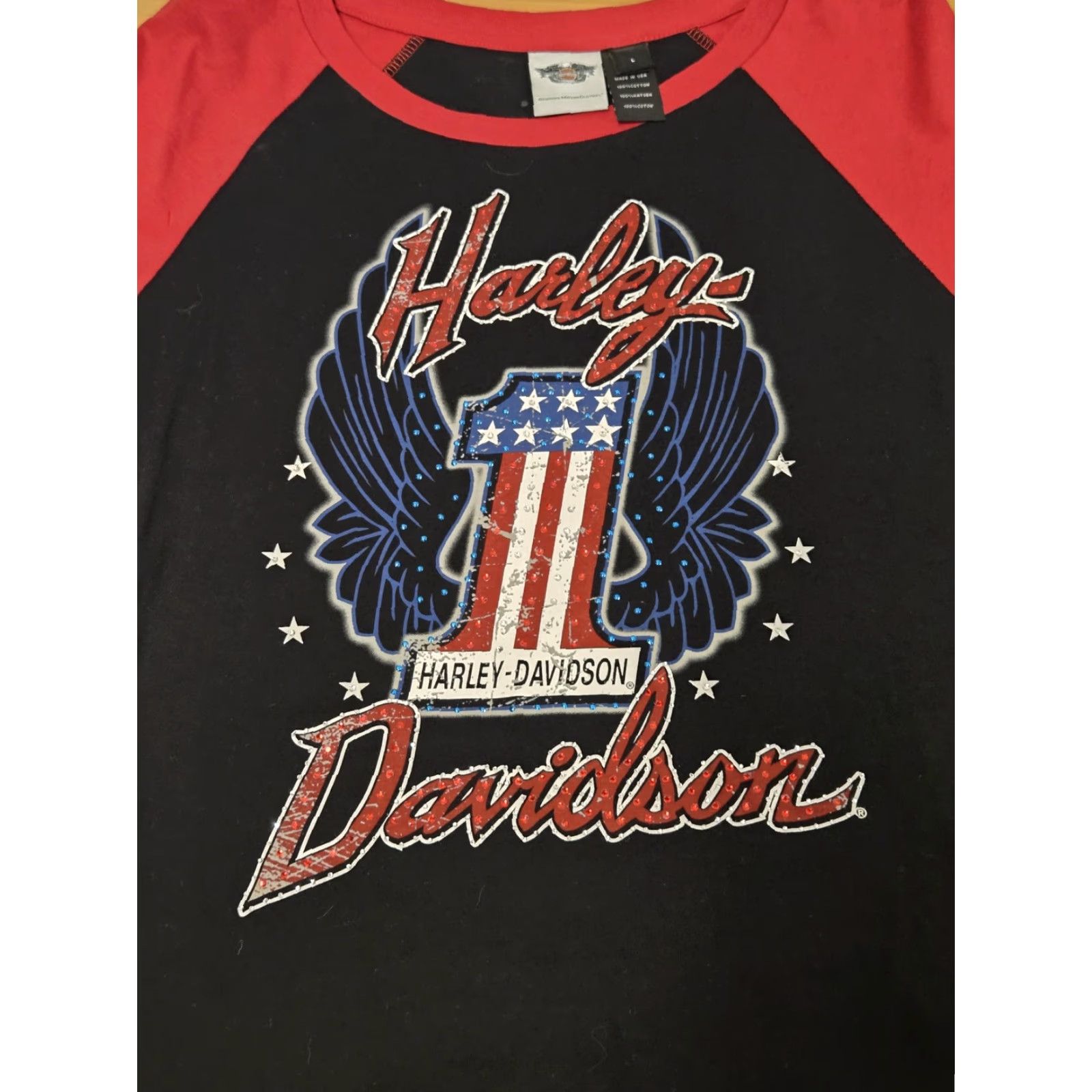 Harley Davidson VINTAGE Harley-Davidson Shirt Womens Large Black Red Patriotic Wing Graphic Made USA Motorcycle Size L / US 10 / IT 46 - 2 Thumbnail