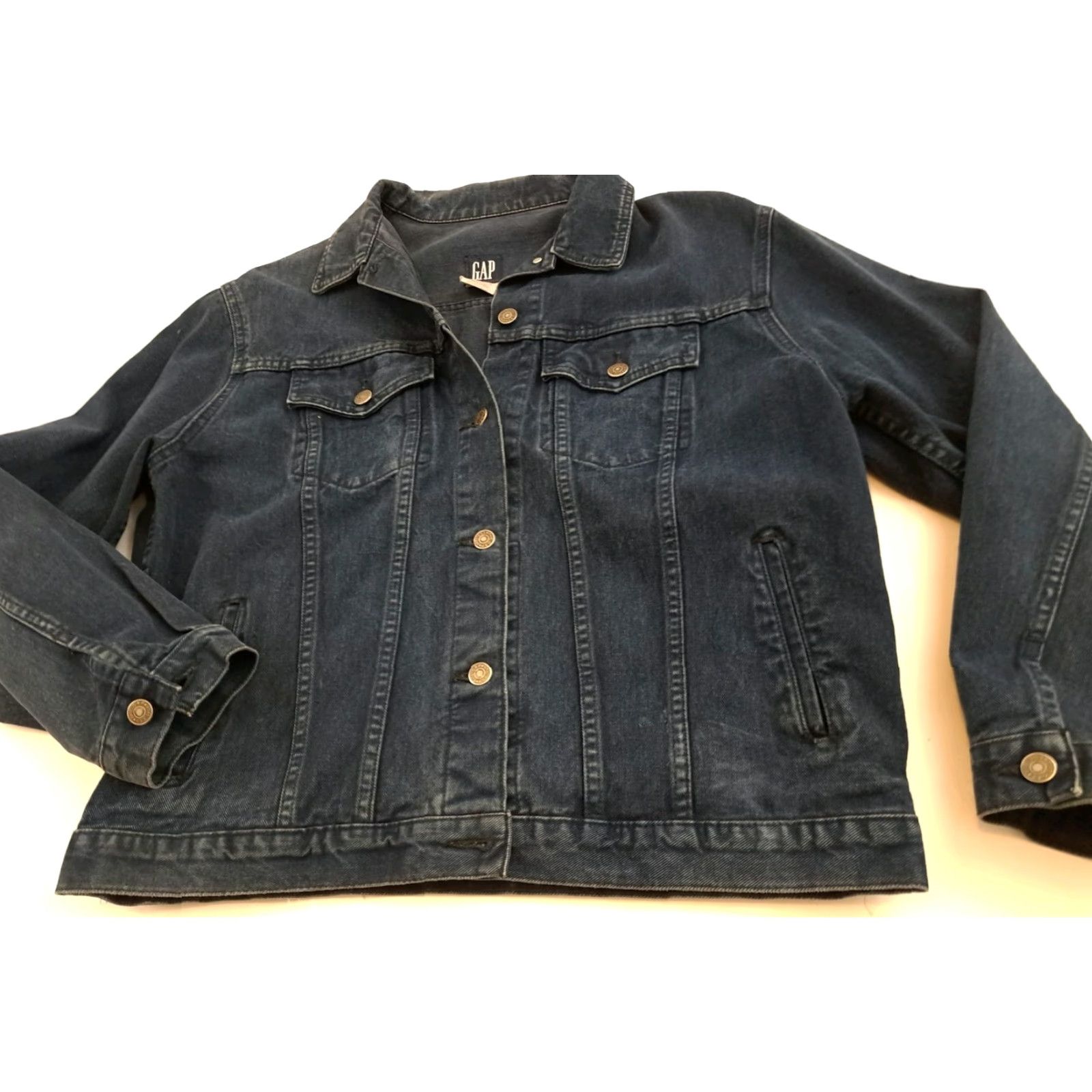 Gap VINTAGE Gap Full Button Blue Jean Bomber Jacket L Mens Blue Motorcycle Jacket 25in long 24in pit to pit EUC Canada Size US 33 - 2 Thumbnail