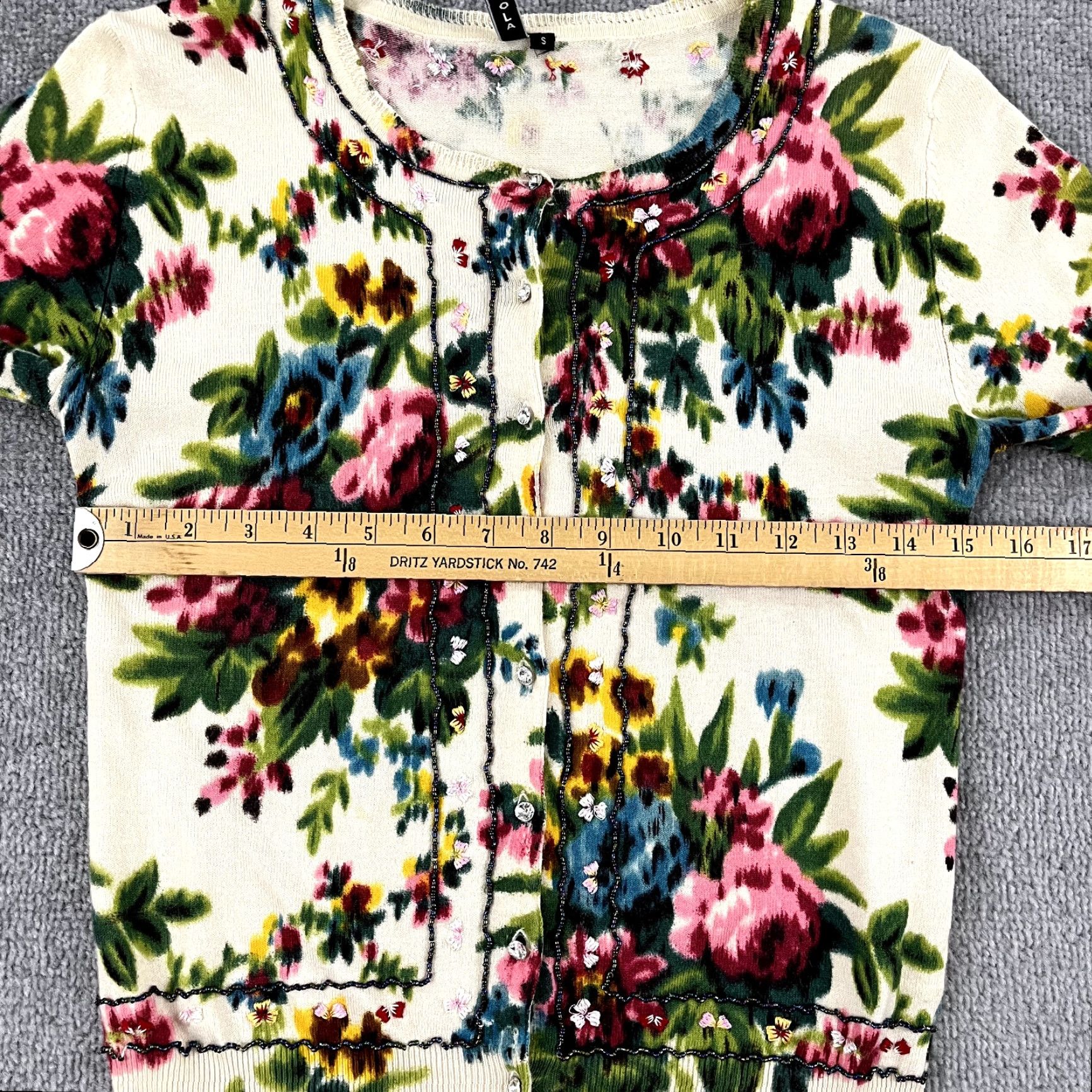 Anthropologie Anthropologie CHARLOTEE TARANTOLA Cardigan Sweater Womens Petite Small Floral Beaded Button Up Multicolor Classic 3/4 Sleeve Size S / US 4 / IT 40 - 6 Thumbnail