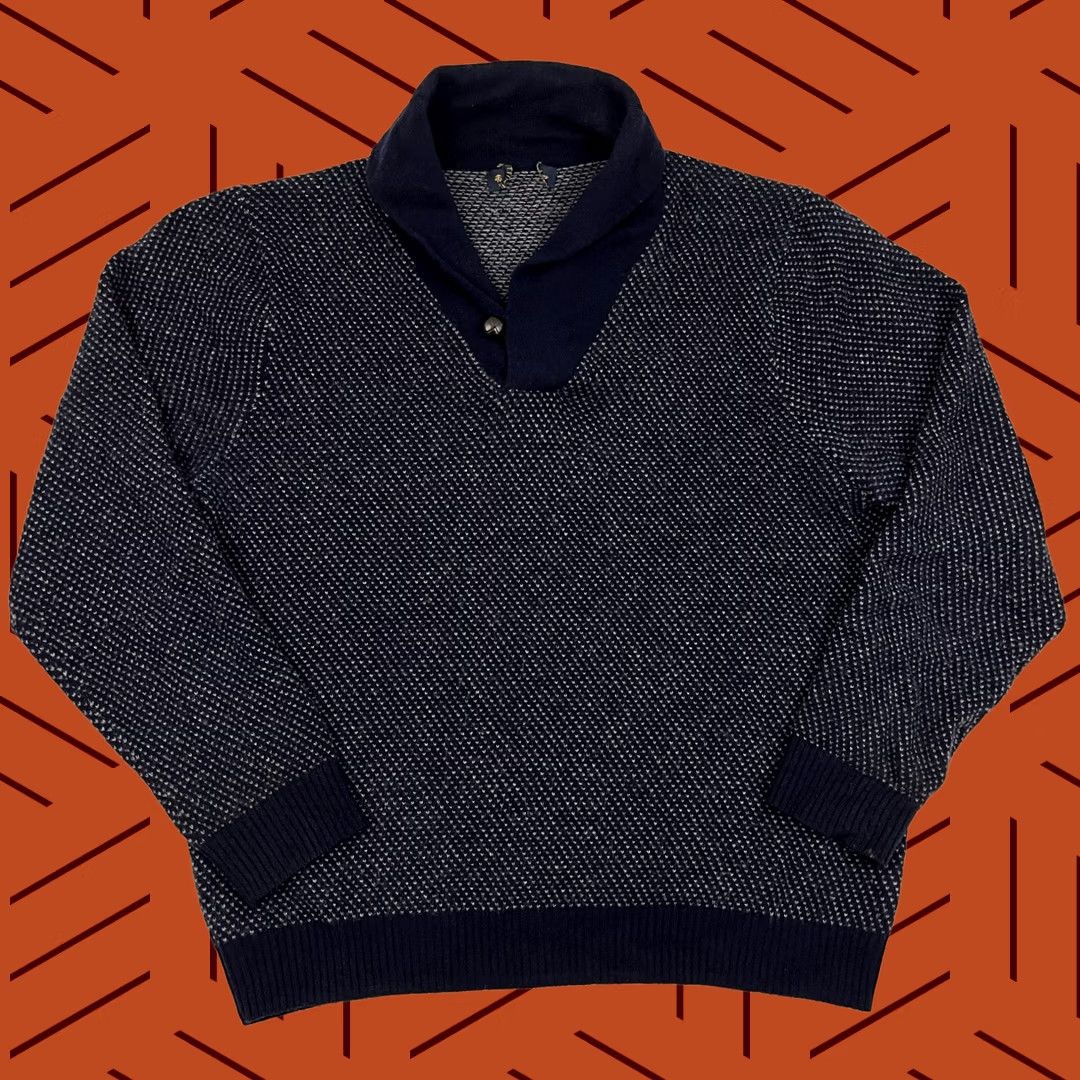 Brooks Brothers Brooks Brothers Lambs Wool Sweater Mens 2XL Blue Birds Eye Shawl Collar Preppy Pullover Knit Regular Front Pockets Size US XXL / EU 58 / 5 - 1 Thumbnail