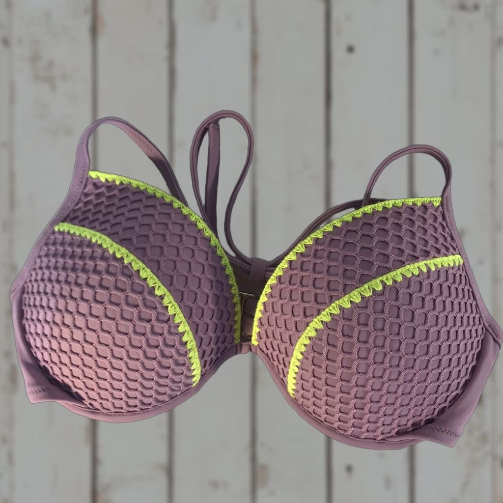 Vintage Unbranded Bikini Top Womens 34D Crochet Push Up Neon Yellow Lavender W-Neon Yellow Halter Adjustable Strap EUC Size XXS / US 00 / IT 34 - 1 Thumbnail