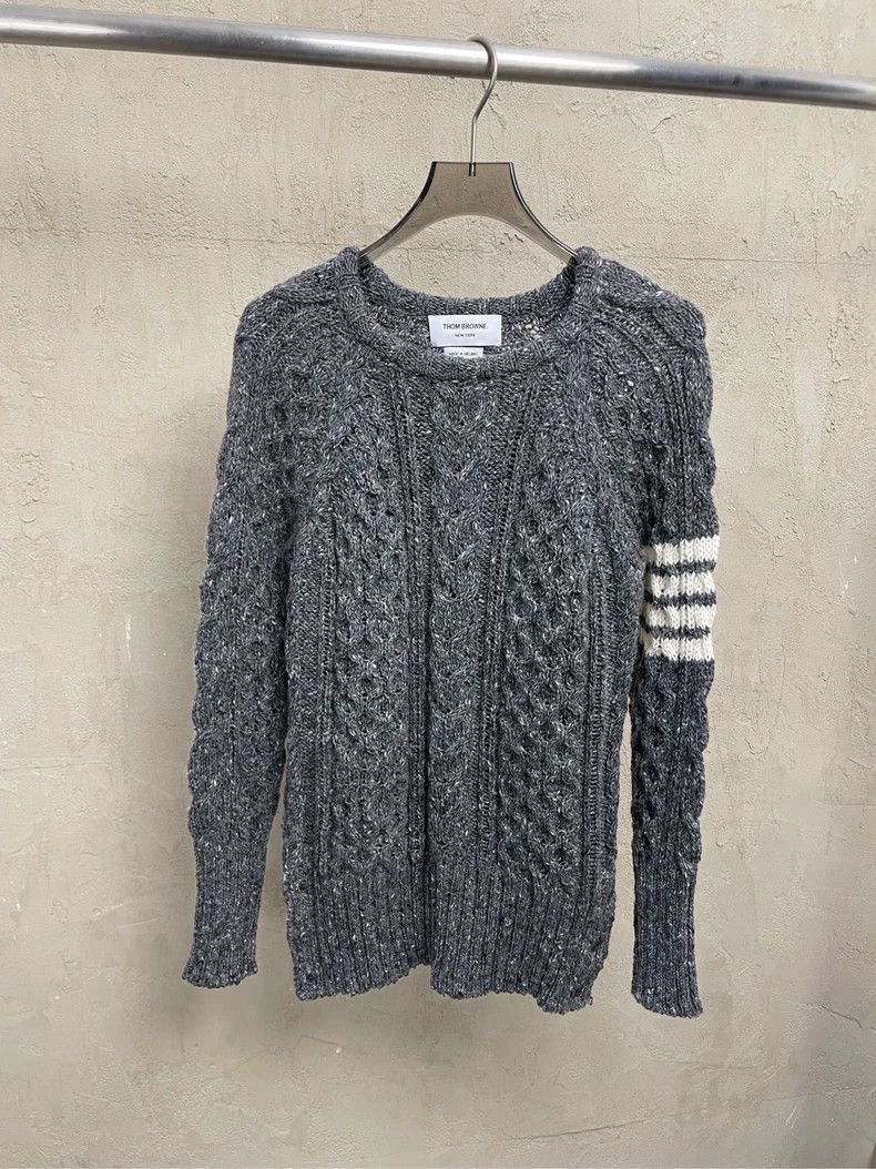 Thom browne Gray four-striped round-neck wool horsehair swe
