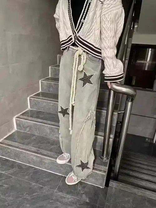 Other High Waist Star Pattern Print Patchwork Long Trousers Size US 27 - 4 Thumbnail