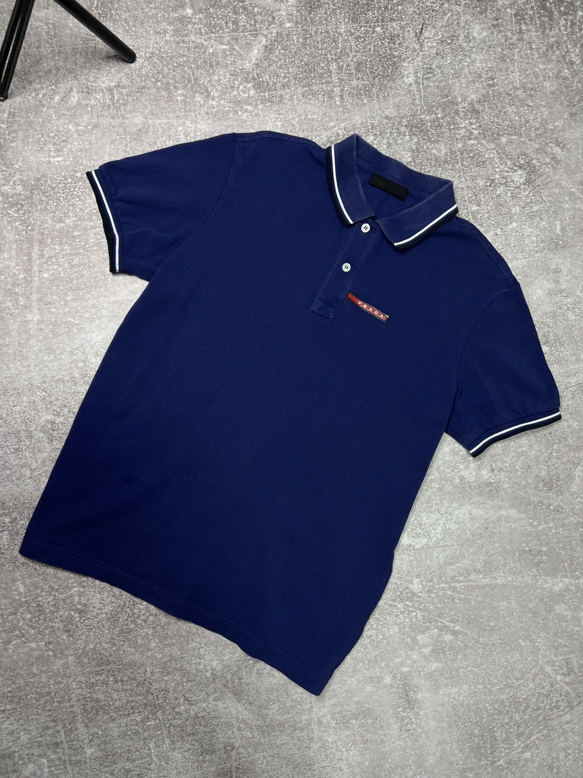 Vintage Prada Milano Red Tab Navy Blue Polo Tipped Collar