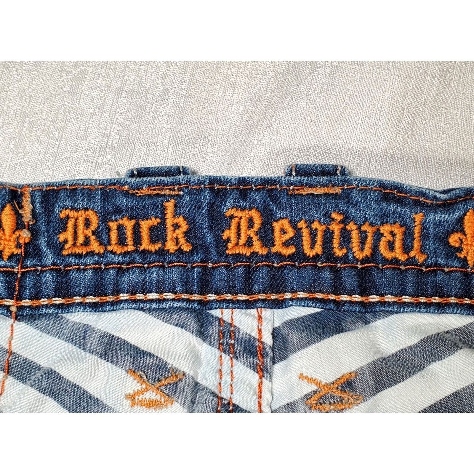 Vintage Rock Revival Xavier Straight Jeans Blue Distressed Embroidered Button Pockets Men's 33 Jeans Size US 33 - 7 Thumbnail