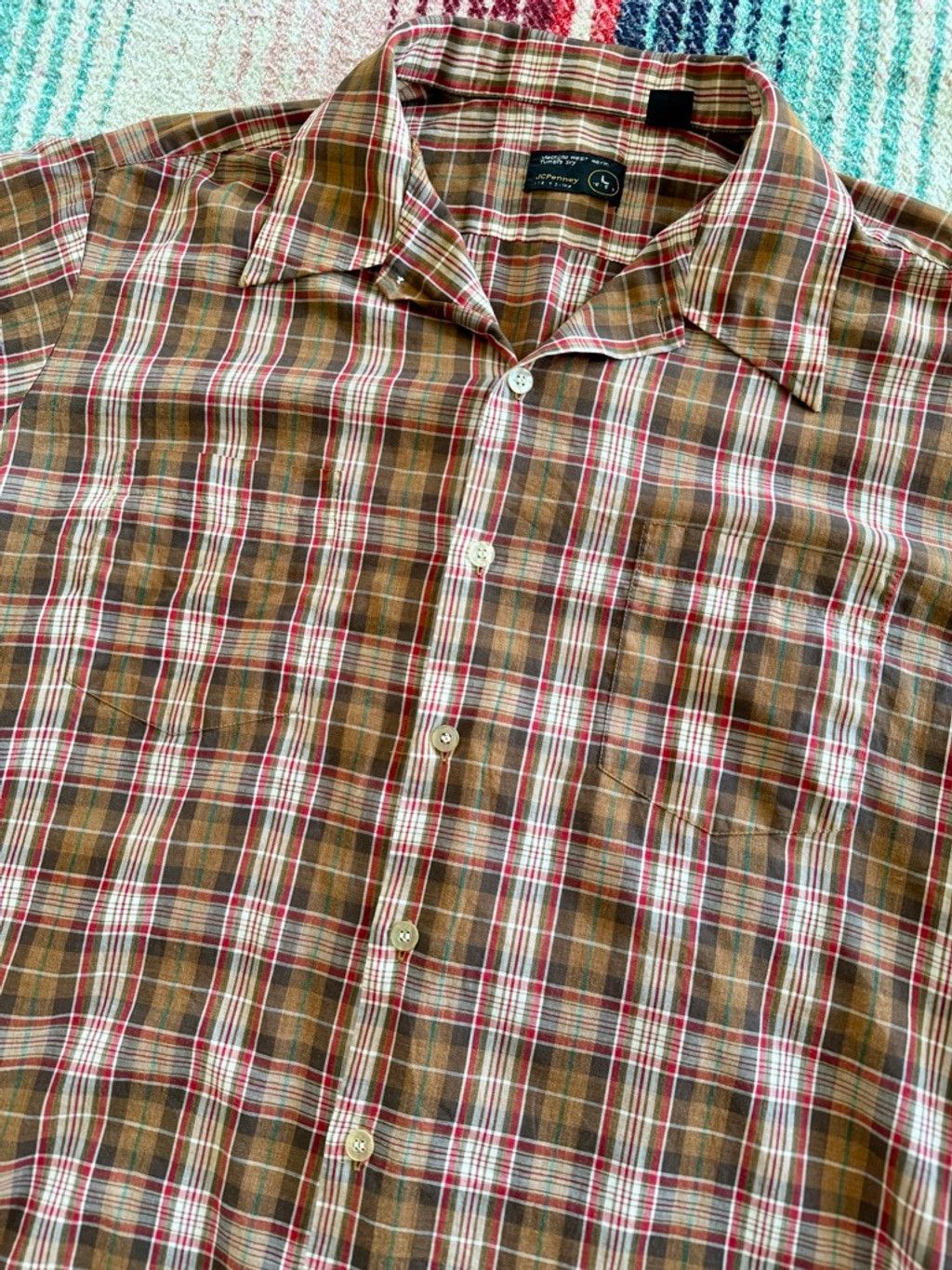 JCPenney Men's 70s JCPenney Plaid Button Down Shirt L Brown Red Size US L / EU 52-54 / 3 - 2 Thumbnail