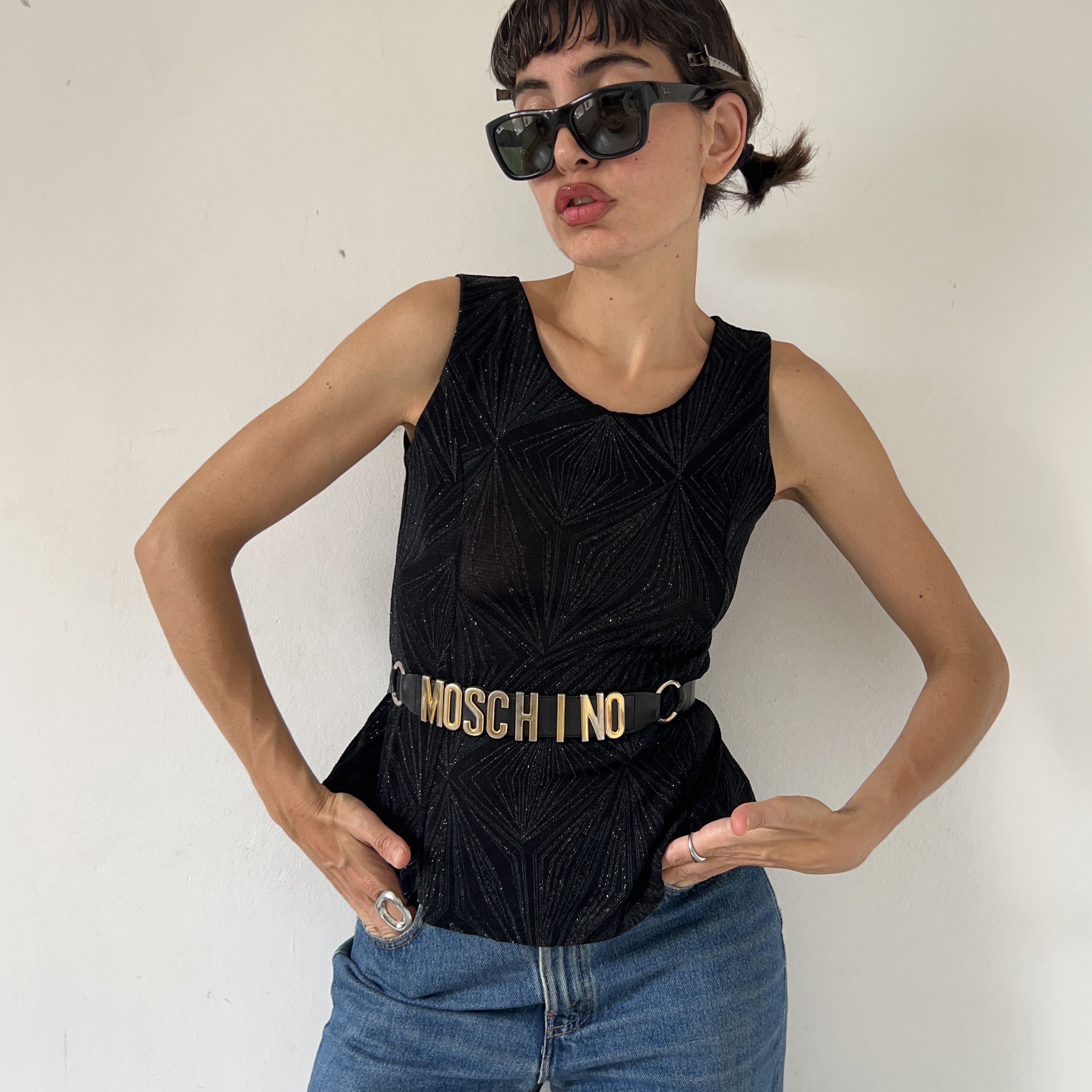 Vintage Vintage 90s black glitter peplum tank top Size M / US 6-8 / IT 42-44 - 1 Thumbnail