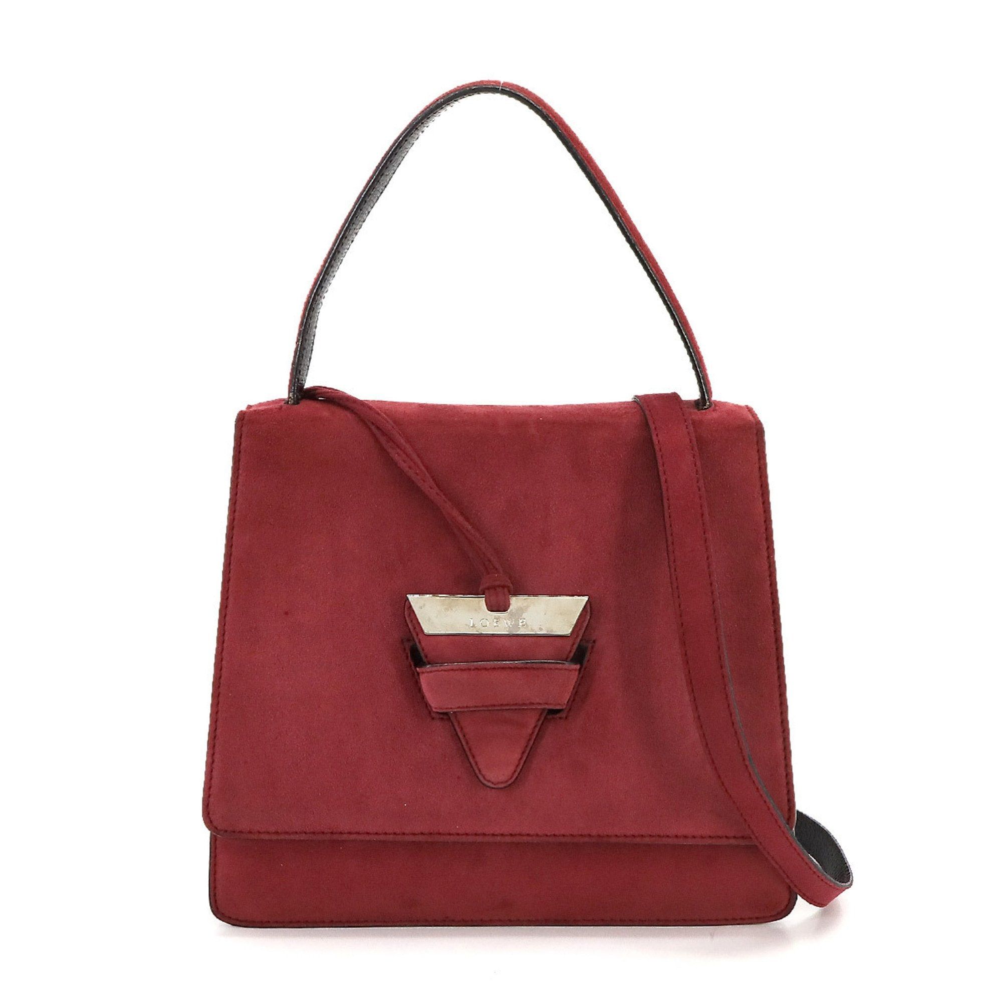 image of Loewe Barcelona 2Way Hand Shoulder Bag Suede Red Silver Metal Fittings Bag, Women's