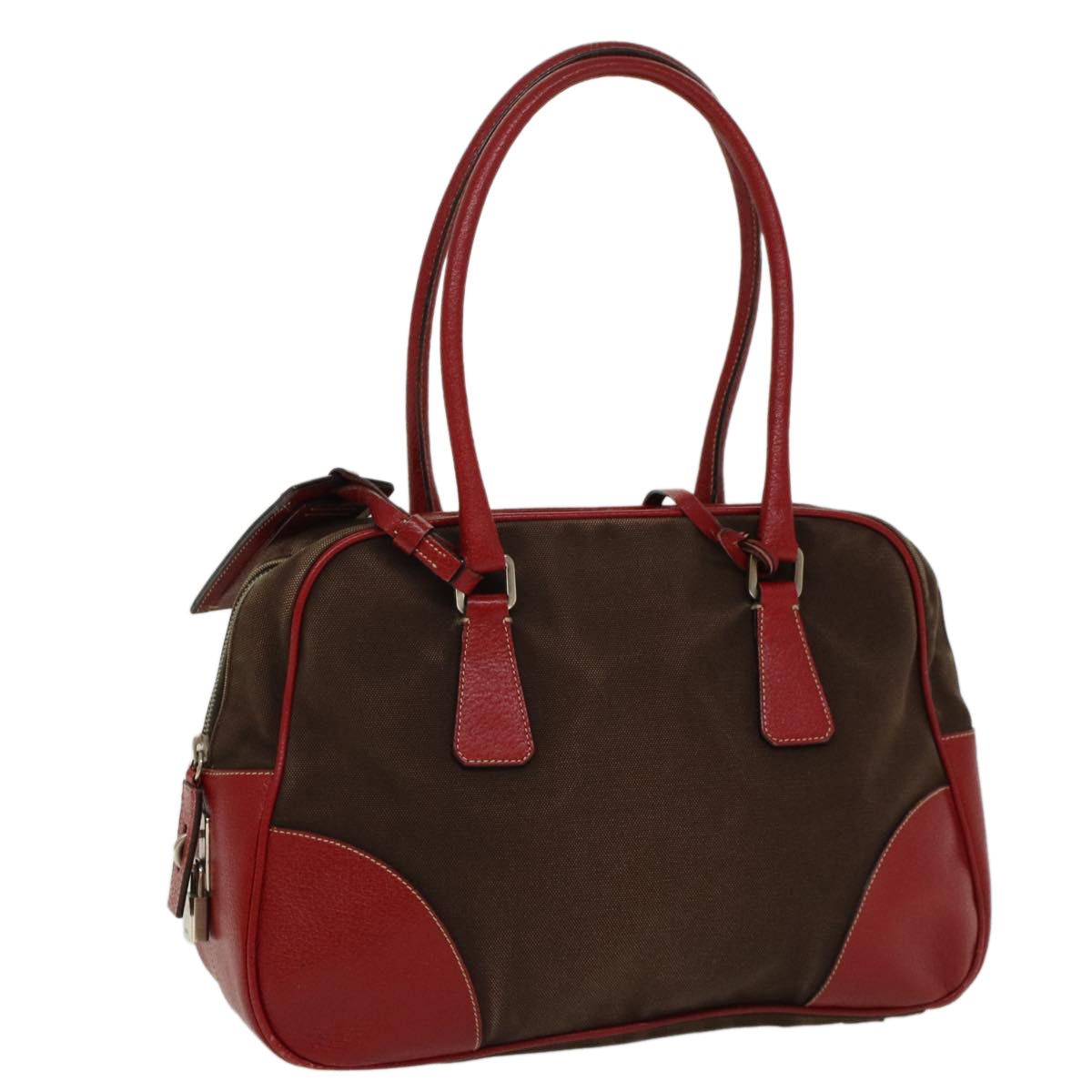 image of Prada Shoulder Bag Canvas Leather Brown Red Auth Am4966, Women's