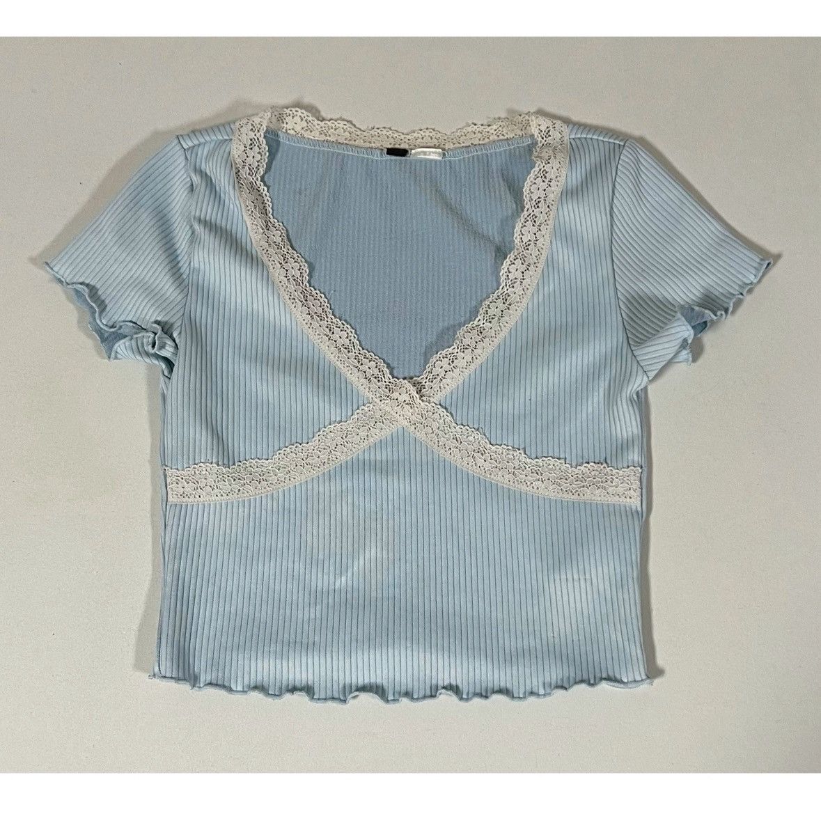Japanese Brand Blue White Pastel Lace V-Neck T-Shirt Top Blouse Tee XS 🤍🩵 Size XS / US 0-2 / IT 36-38 - 2 Thumbnail