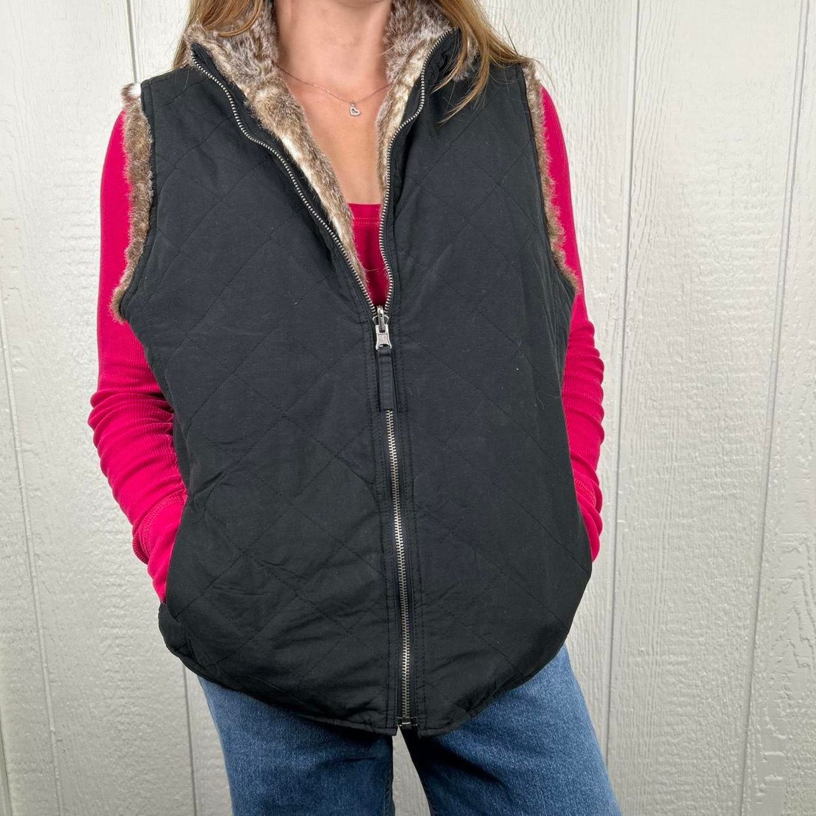 Other Vintage Y2K Fur Lined Black Zip-Up Winter Vest Large Size L / US 10 / IT 46 - 1 Thumbnail