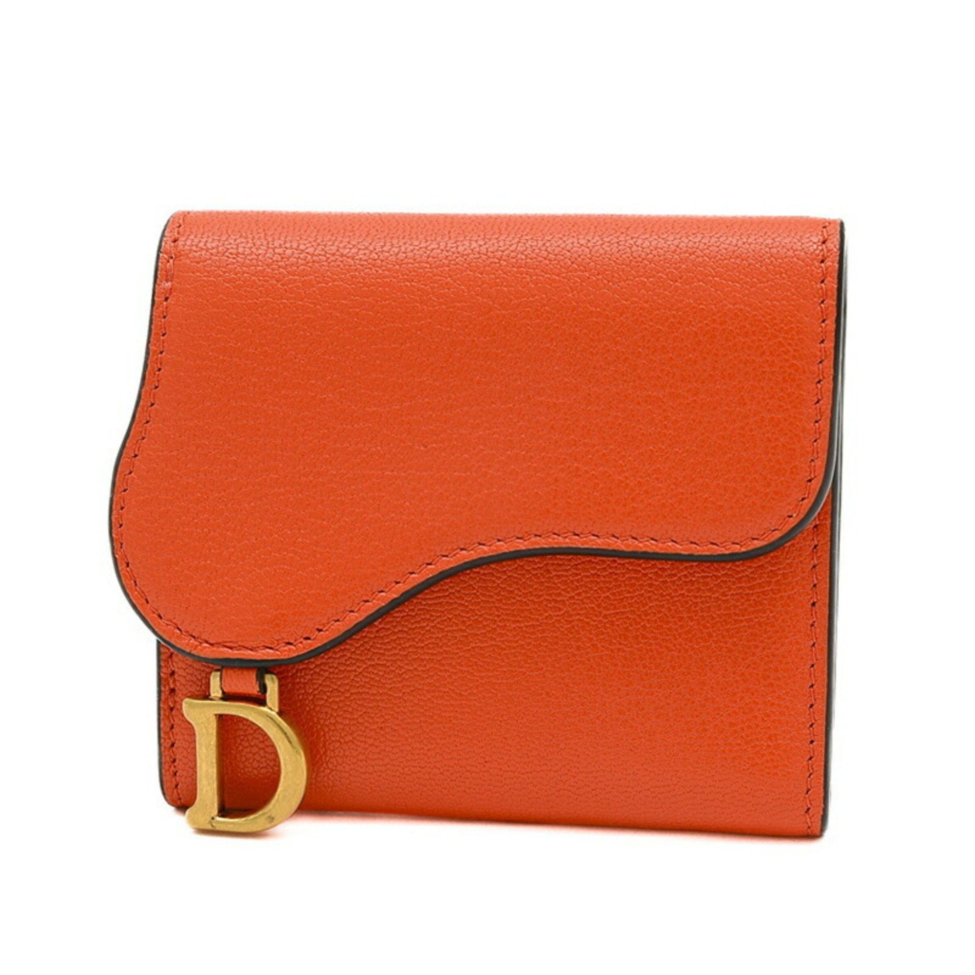image of Christian Dior Dior Saddle Lotus Wallet Tri-Fold Leather Orange, Women's