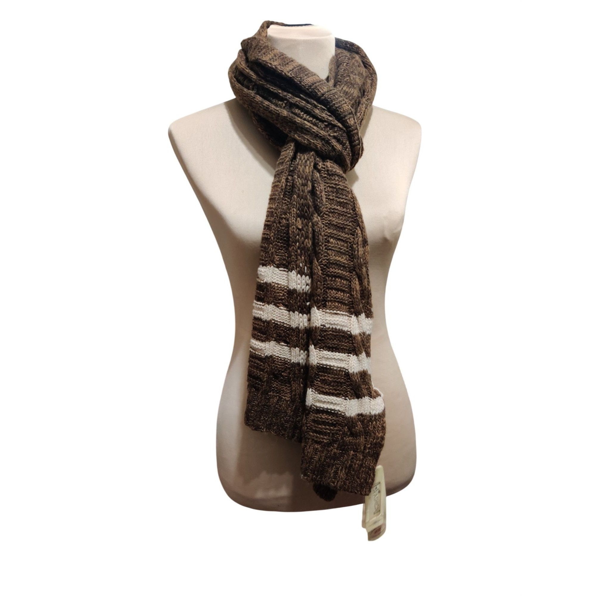 Other Brown Cable Knit Wool Cashmere Blend Scarf Cream Stripe New Size ONE SIZE - 11 Thumbnail