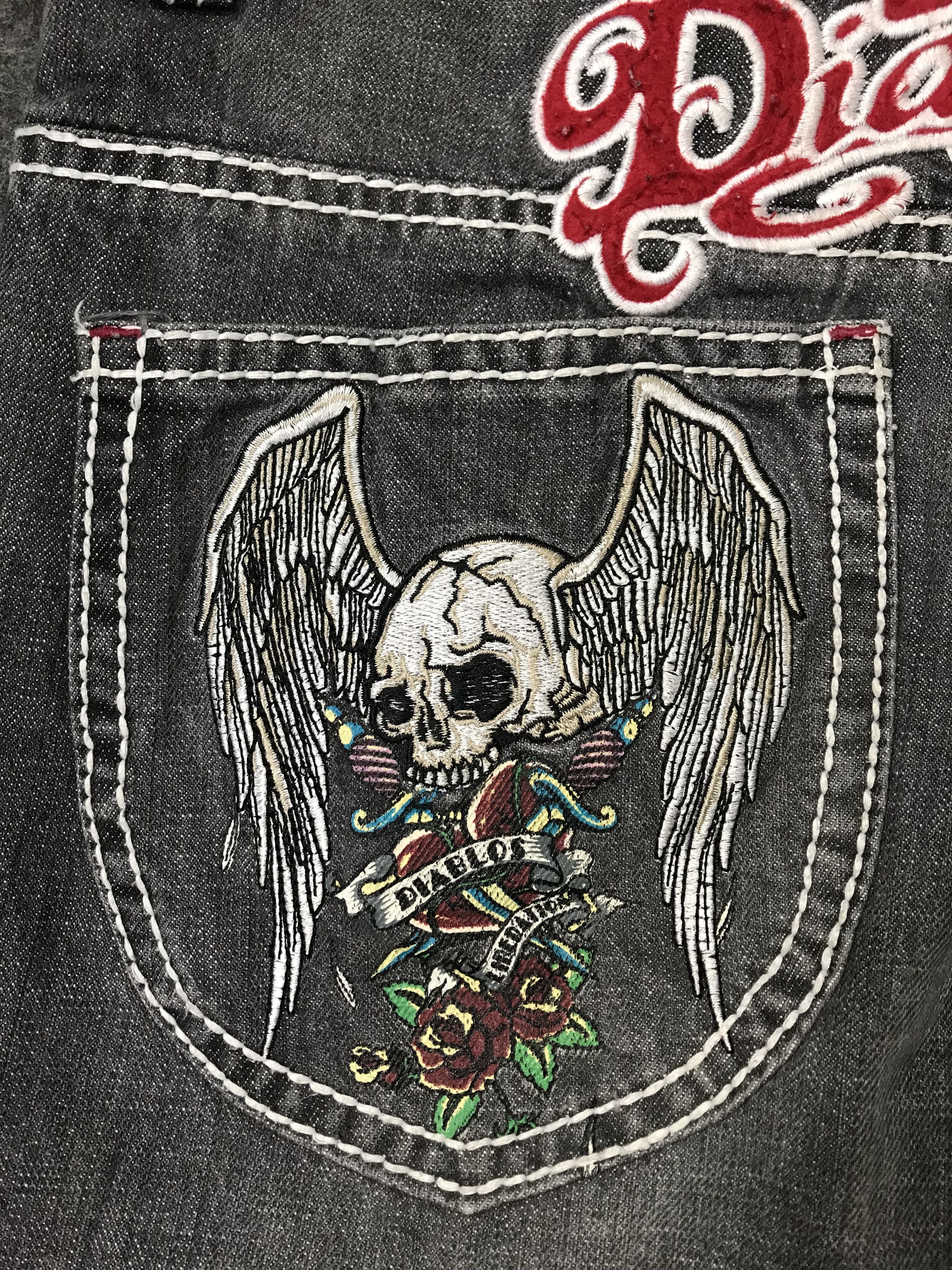Japanese Brand Diablos Exquilsite Converslou Black Jeans Embroidery Logo Size 29" - 7 Thumbnail