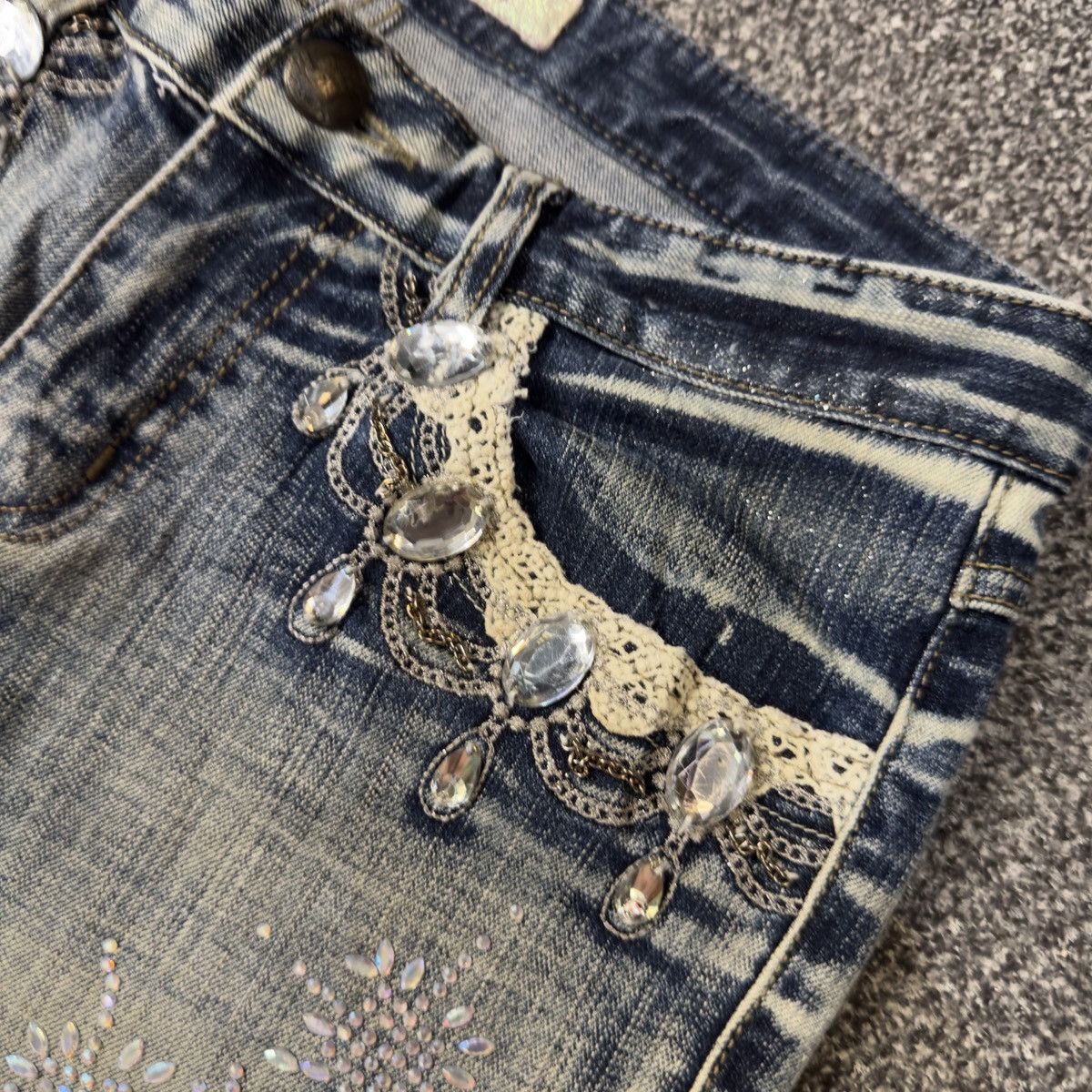 Hysteric Glamour Flare Sick 🔥 6th Avenue Rhinestone Lace Jeans LGB Style Size 30" / US 8 / IT 44 - 6 Thumbnail